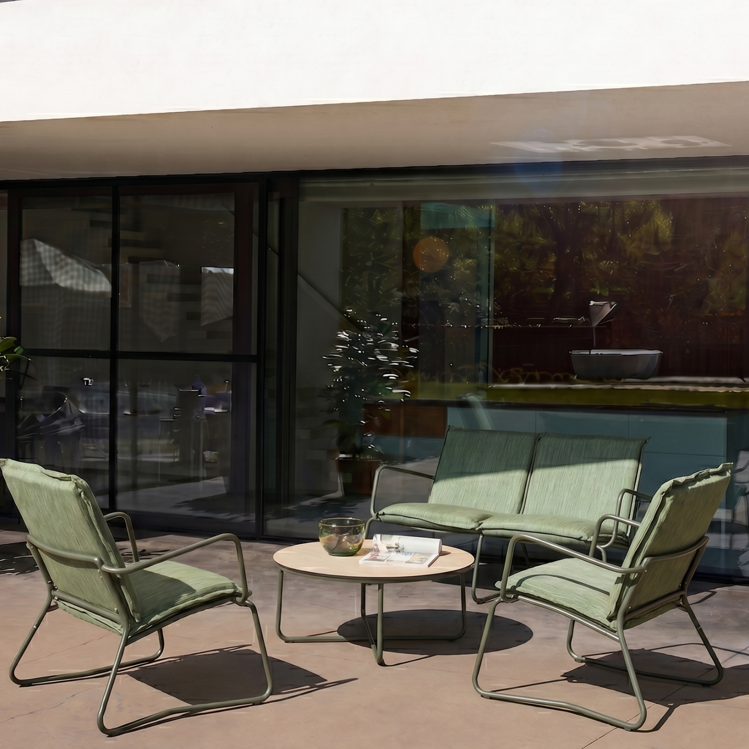 Loungeset voor buiten 4 personen van staal, glas en textileen kaki - Forza Photo1