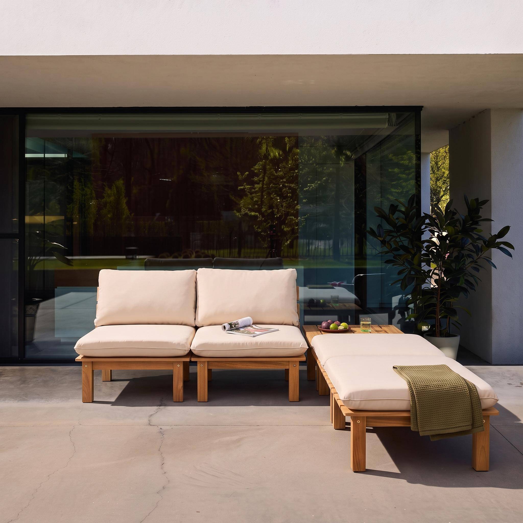 Conjunto de  tumbonas modular de madera de acacia multiposición con mesas, set de 2  Natural - 65x70x27 cm Photo6