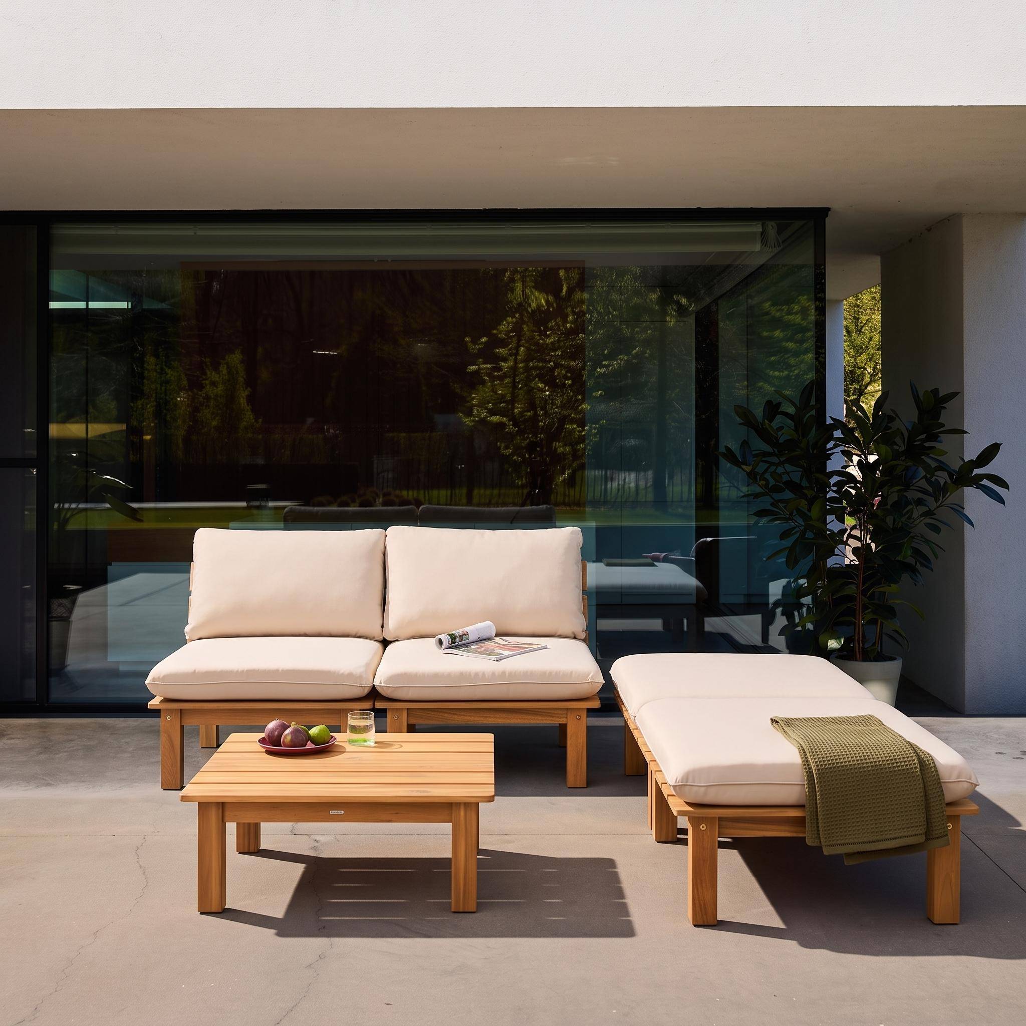 Conjunto de  tumbonas modular de madera de acacia multiposición con mesas, set de 2  Natural - 65x70x27 cm Photo7