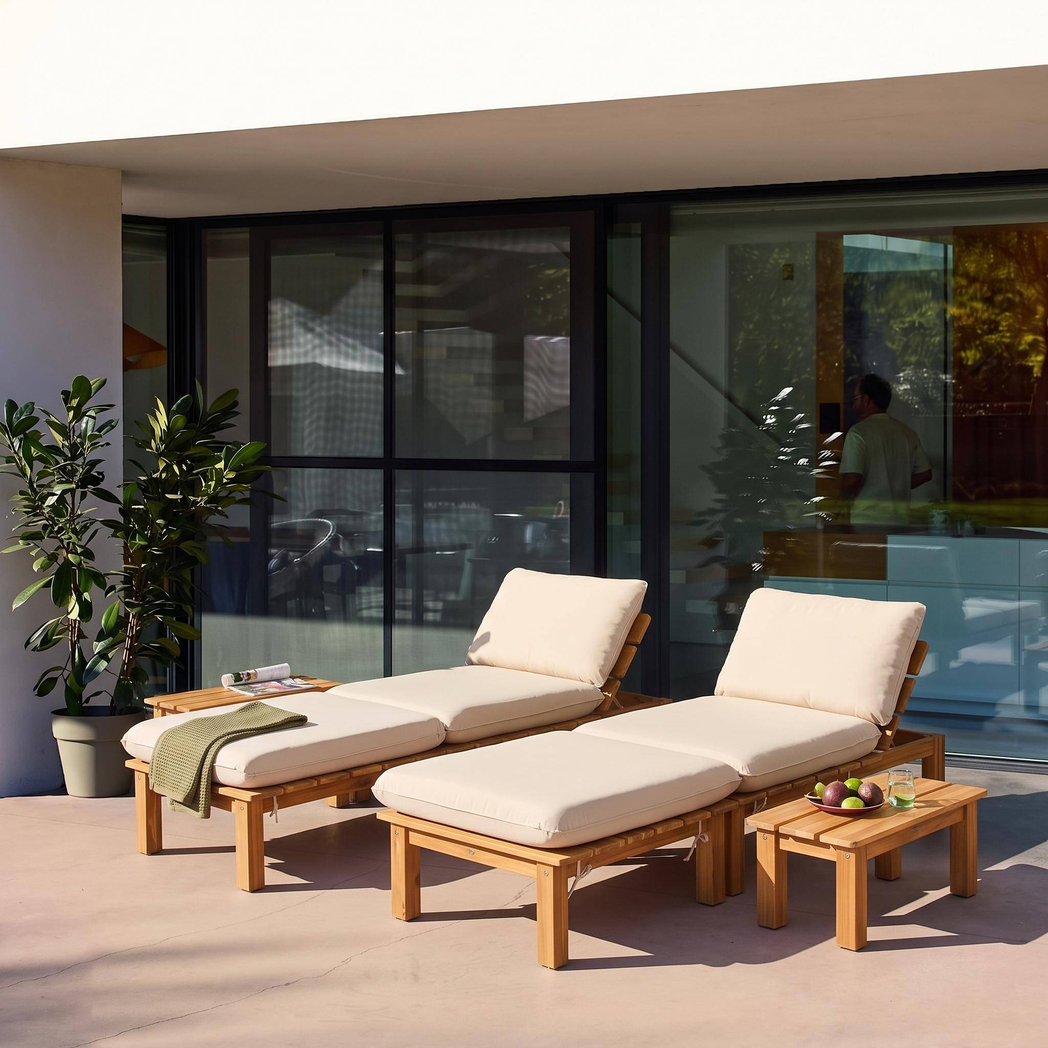 Conjunto de  tumbonas modular de madera de acacia multiposición con mesas, set de 2  Natural - 65x70x27 cm Photo1