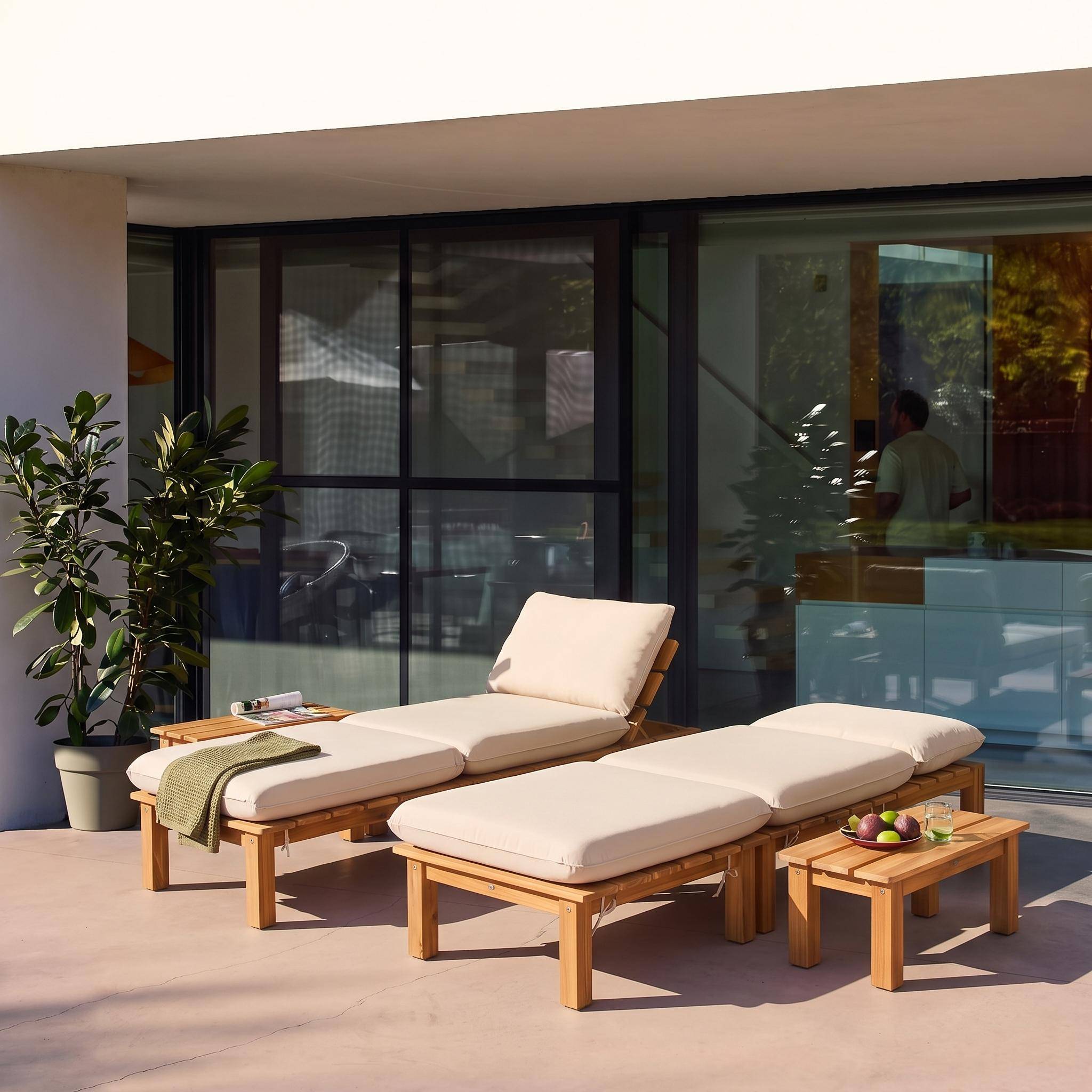 Conjunto de  tumbonas modular de madera de acacia multiposición con mesas, set de 2  Natural - 65x70x27 cm,sweeek,Photo2