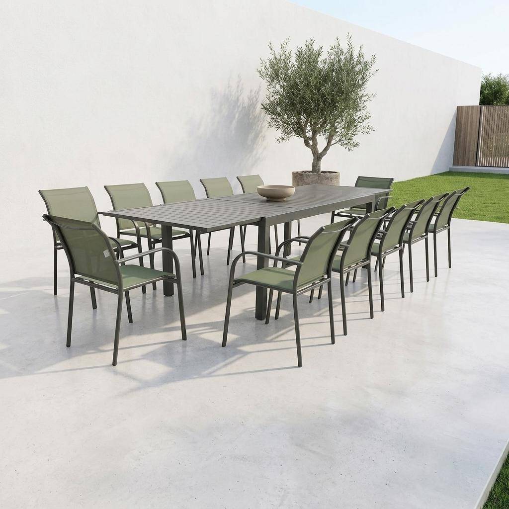 Tuintafel verlengbaar met 10 stoelen van aluminium en textileen kaki - Elora en Amara Photo1