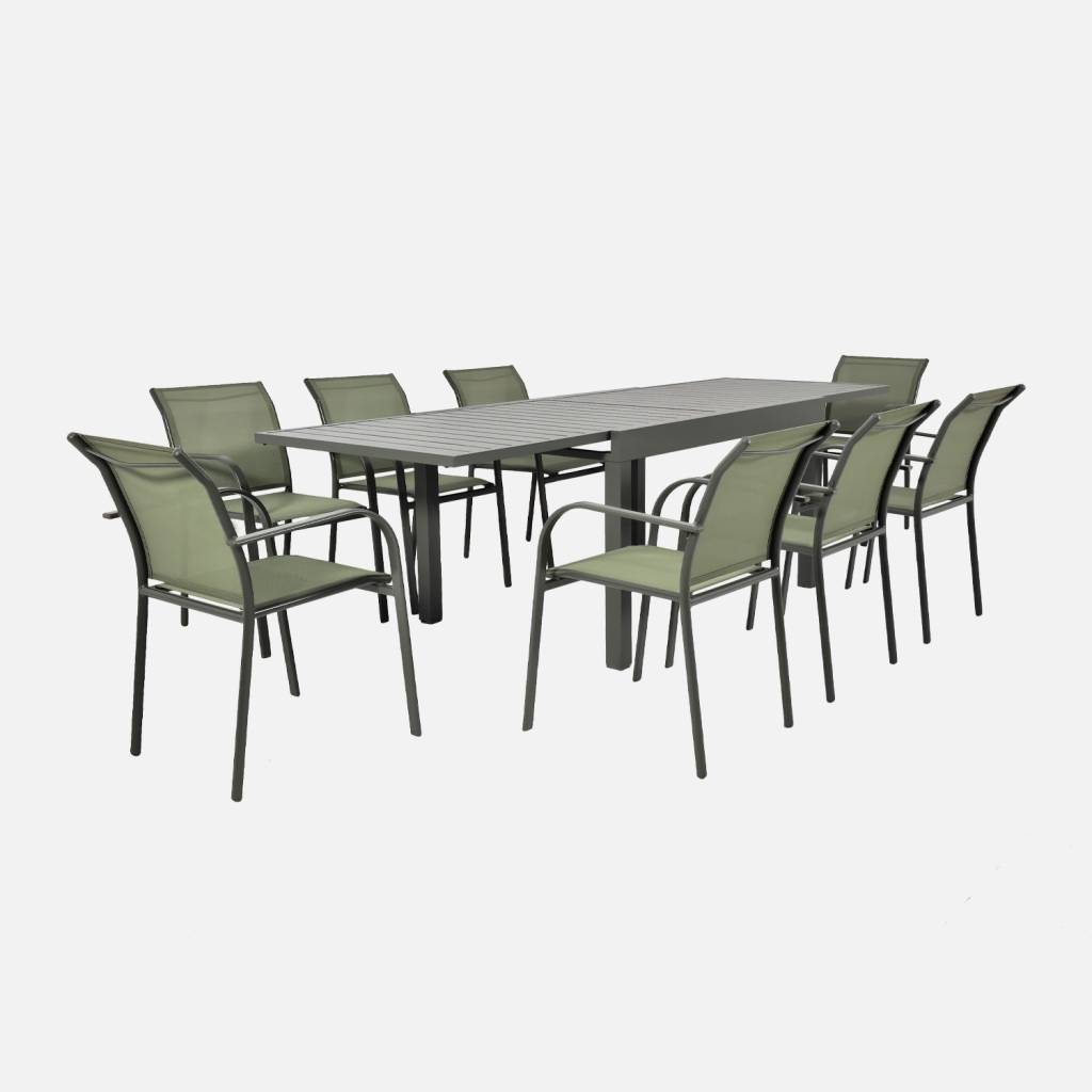 Table de jardin extensible, 8 fauteuils, aluminium et textilène kaki