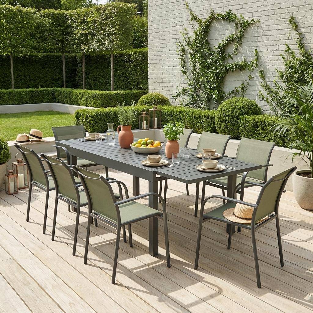 Extendable aluminium garden table 135/270 cm + 8 armchairs Khaki Green - Elora + Amara Photo1