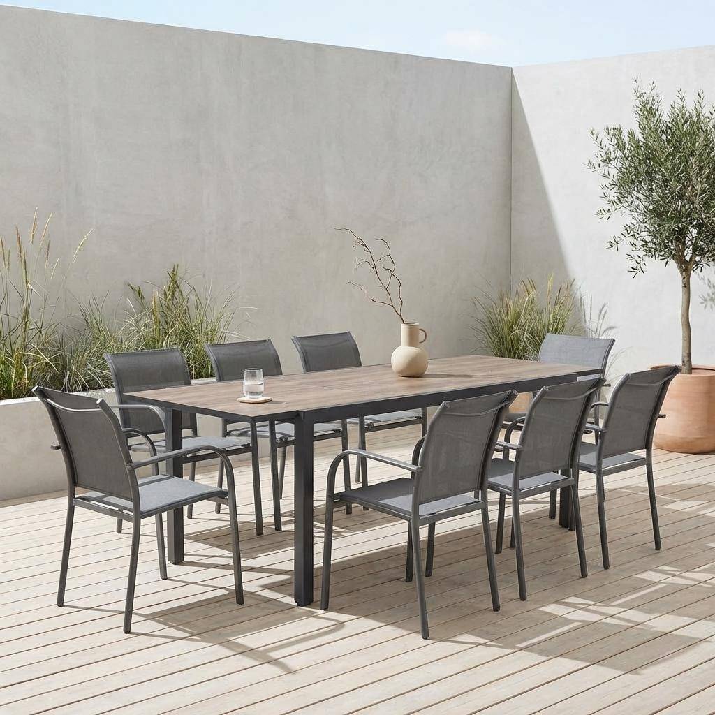 Conjunto mesa de jardín extensible de aluminio efecto madera con 8 sillas Antracita - 240x90x75 cm,sweeek,Photo2