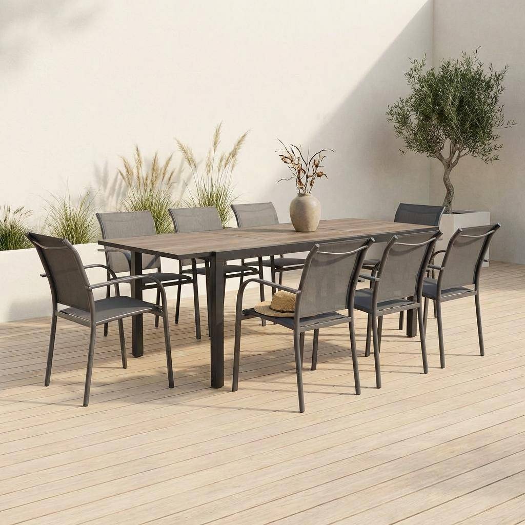 Conjunto mesa de jardín extensible de aluminio efecto madera con 8 sillas Antracita - 240x90x75 cm,sweeek,Photo3