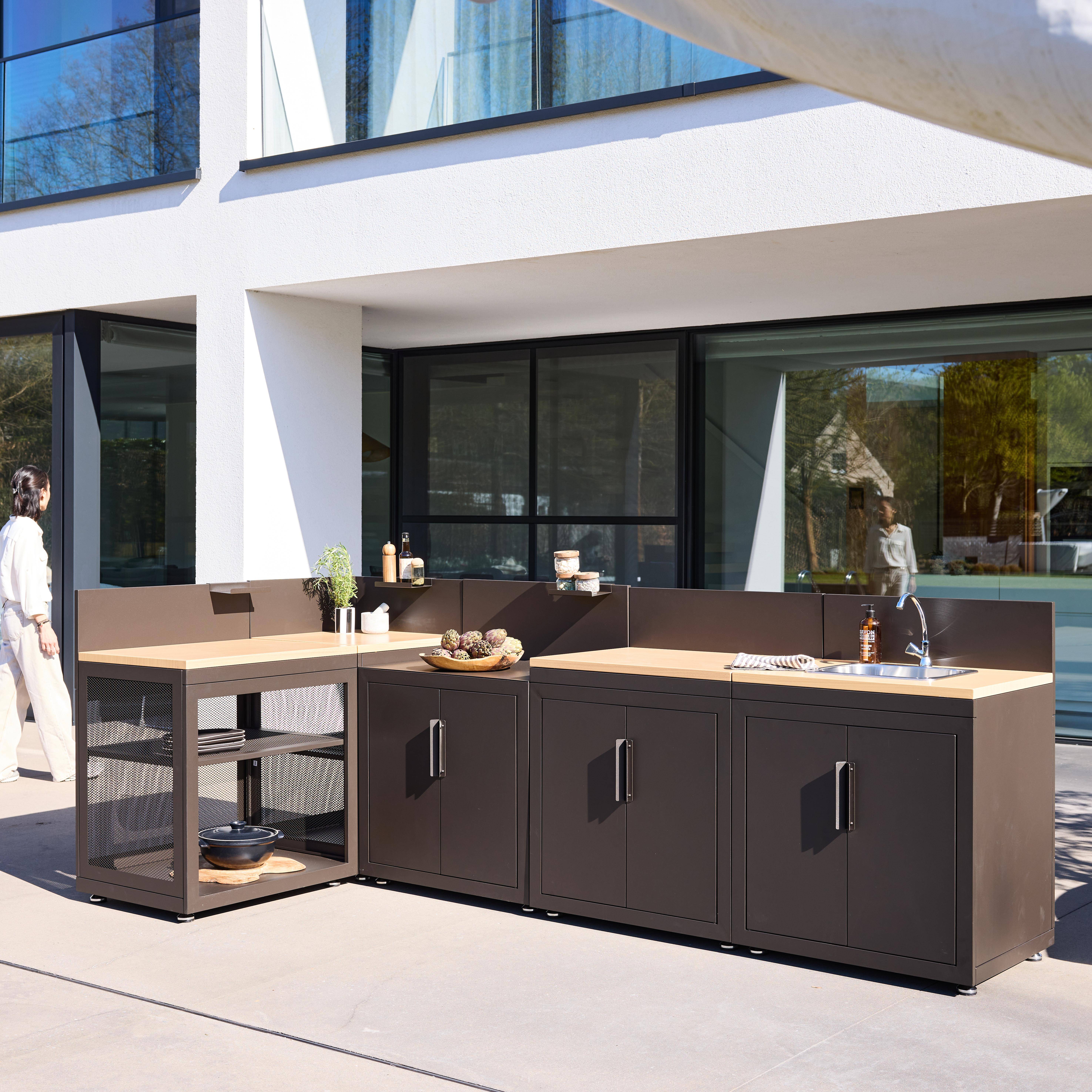 Stalowa kuchnia zewnętrzna z blatem w kolorze drewna 5 modułów czarna - Milos Photo3