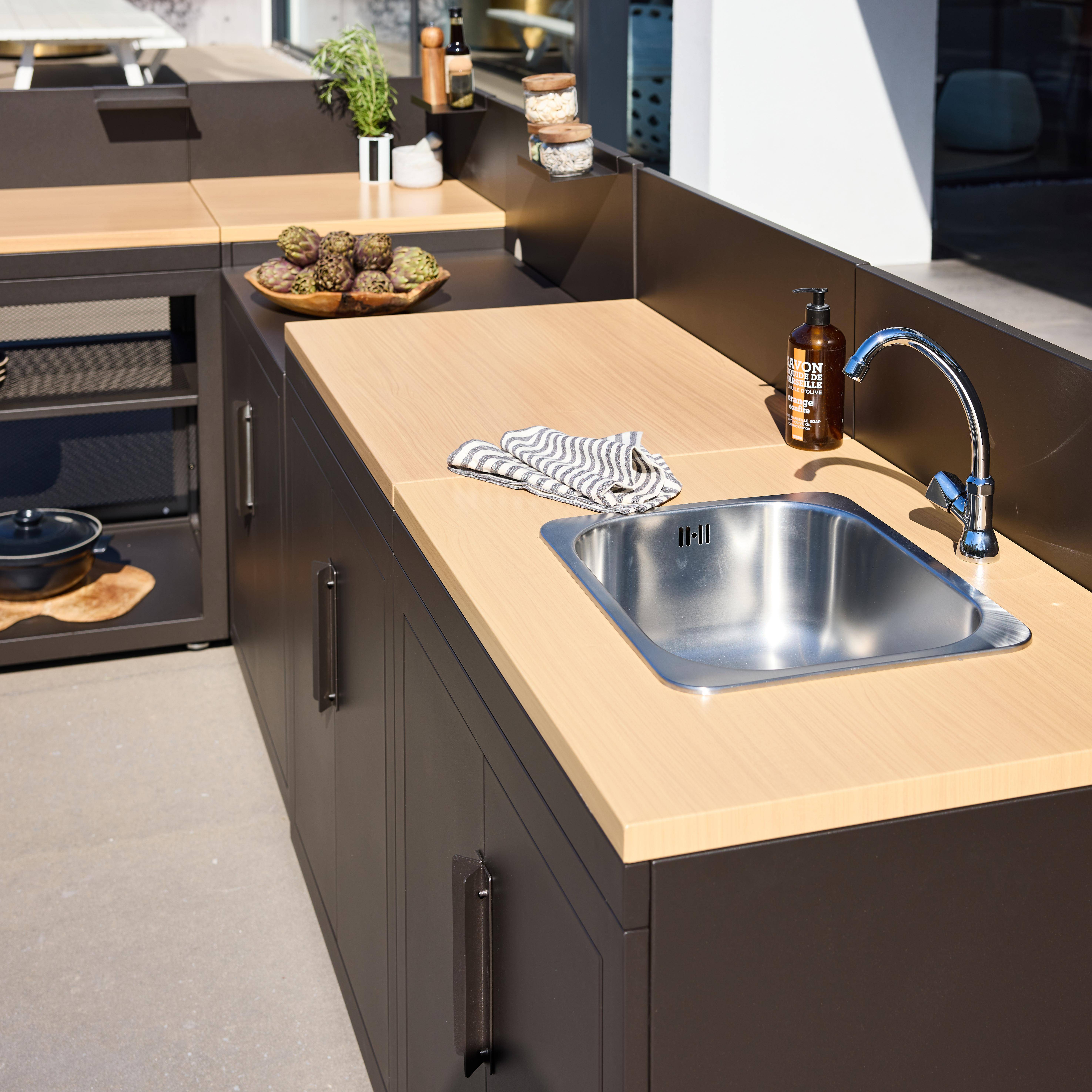 Stalowa kuchnia zewnętrzna z blatem w kolorze drewna 5 modułów czarna - Milos Photo6