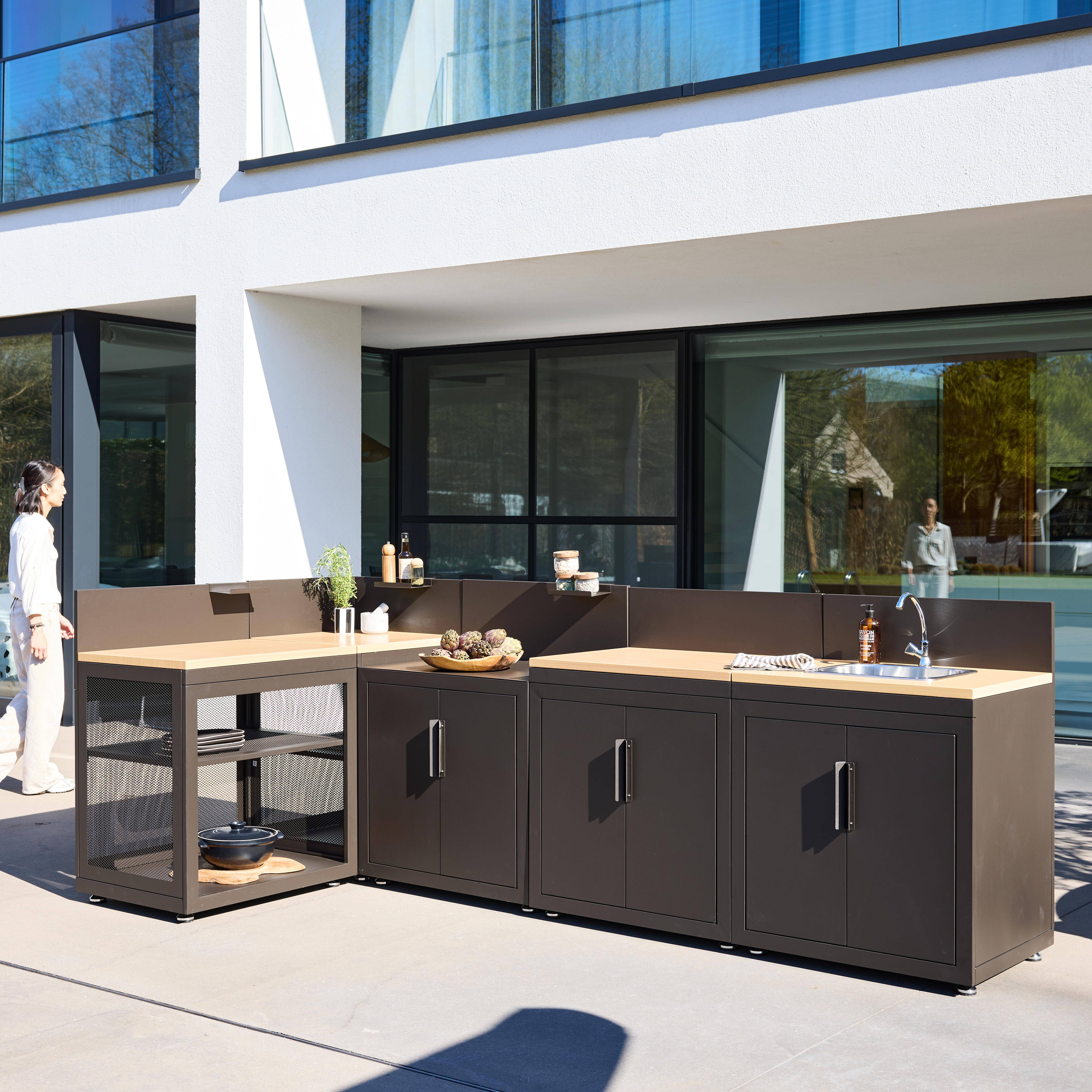 Stalowa kuchnia zewnętrzna z blatem w kolorze drewna 5 modułów czarna - Milos Photo4