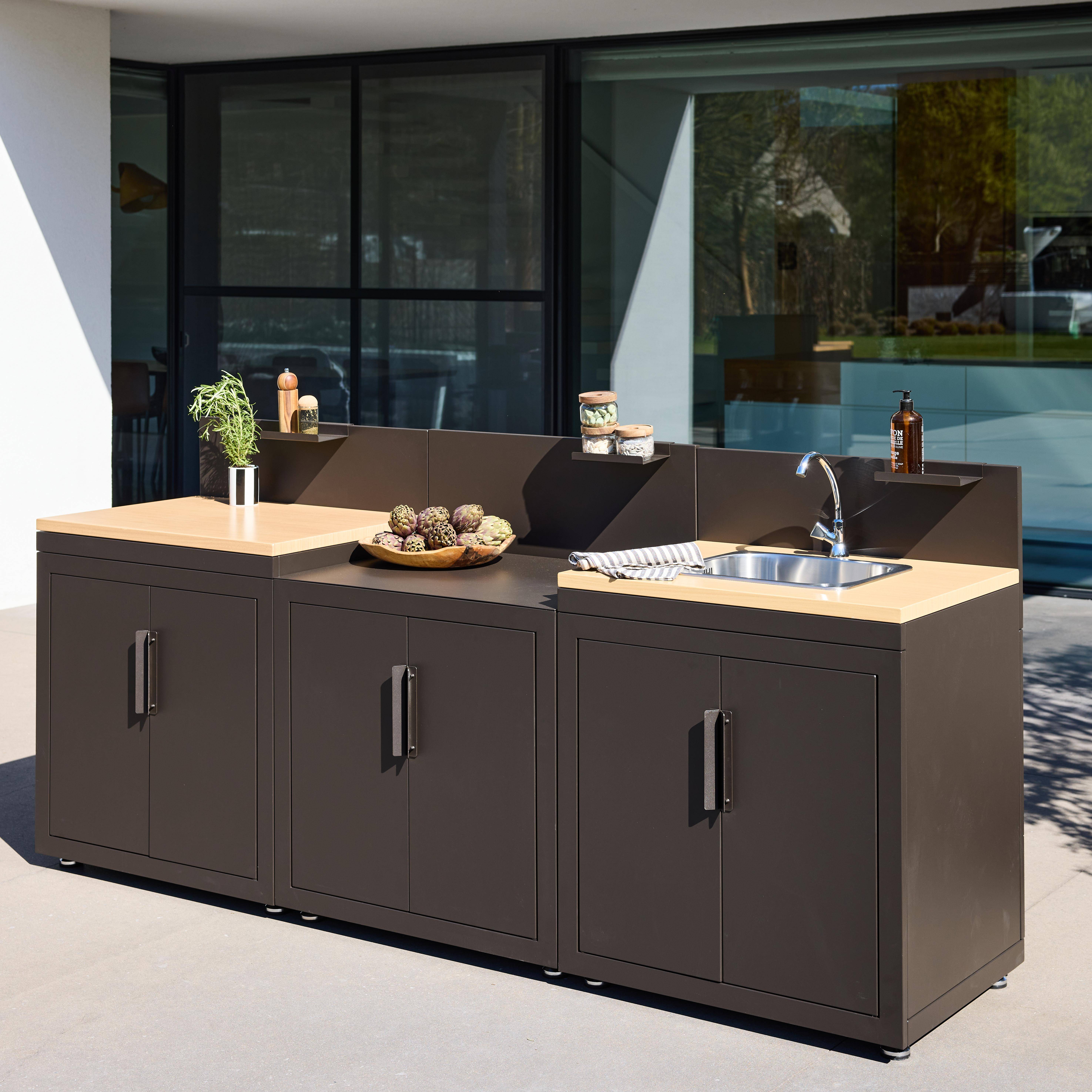 Czarna stalowa kuchnia zewnętrzna z blatem w kolorze drewna 3 moduły ze zlewem - Milos Photo4