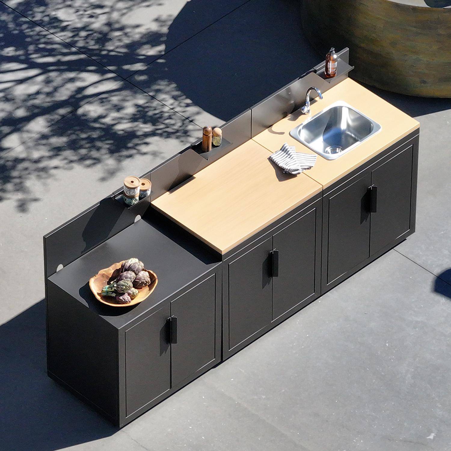Outdoor kitchen 3 modules steel and wood decor black - Milos Photo2