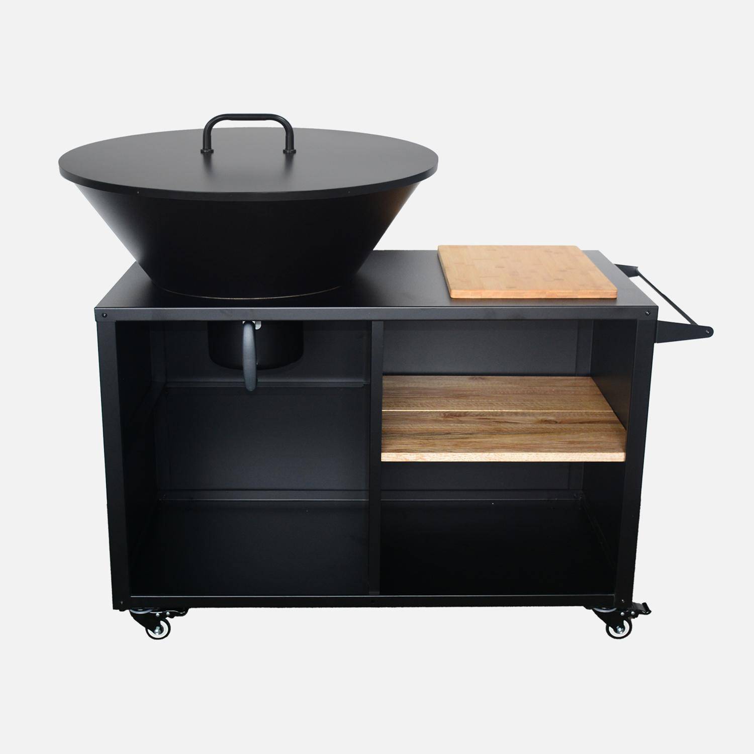 Braciere barbecue Ø80cm, carrello con spazi di stoccaggio e coperchio, Stromboli, Nero, 133.7x83.5x11.2 cm Photo4