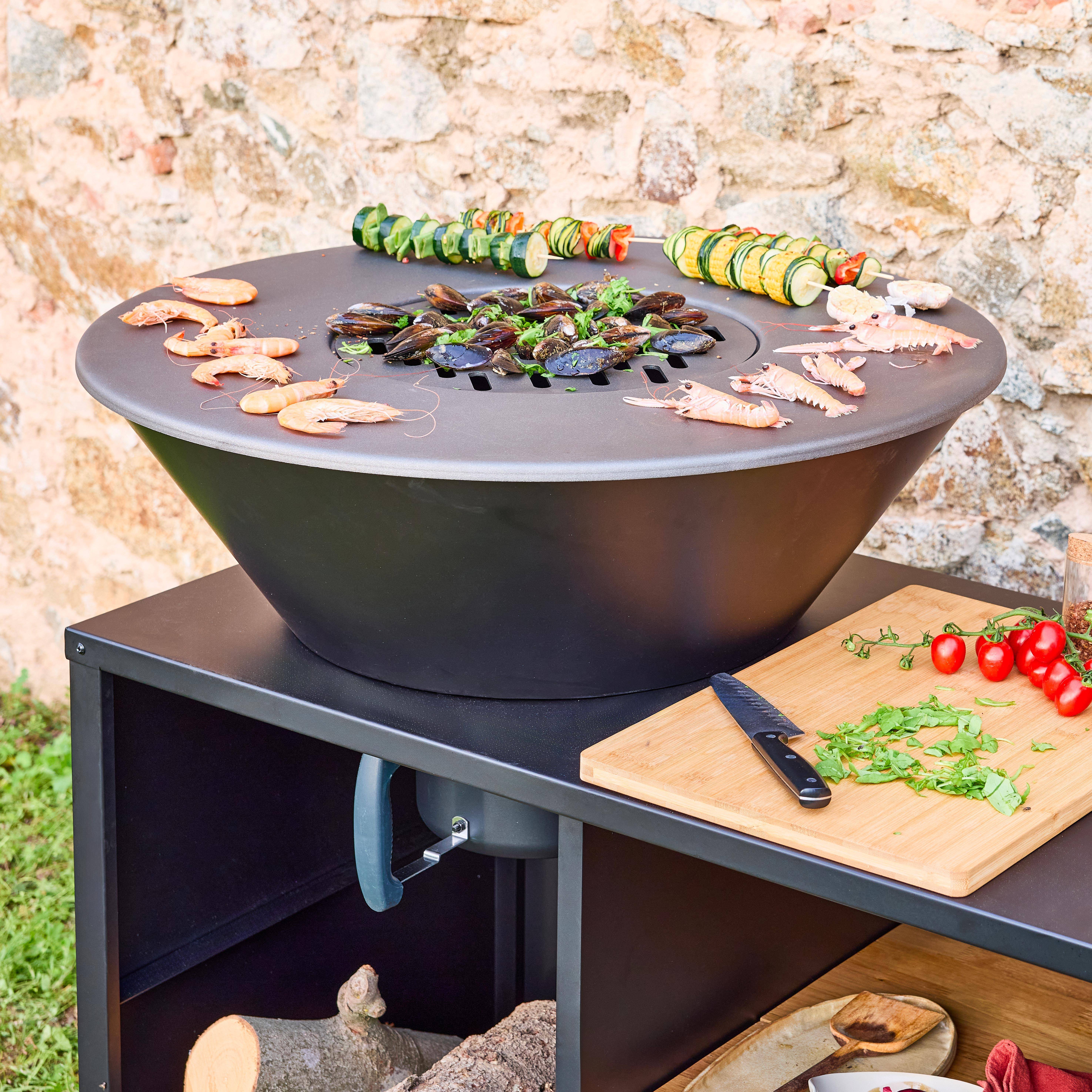 Braciere barbecue Ø80cm, carrello con spazi di stoccaggio e coperchio, Stromboli, Nero, 133.7x83.5x11.2 cm Photo2