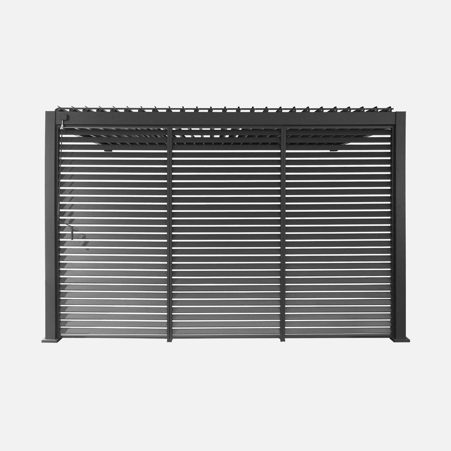 Pérgola bioclimática de aluminio adosada 3x4m + 3 persianas 130cm Triomphe Antracita - 391x301x250 cm,sweeek,Photo2