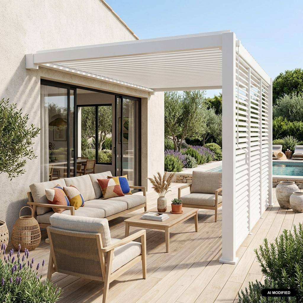 Muurpergola met lamellendak 4x3m aluminium met verstelbare lamellen en 3 lamellenwanden 130cm wit - Triomphe Photo1