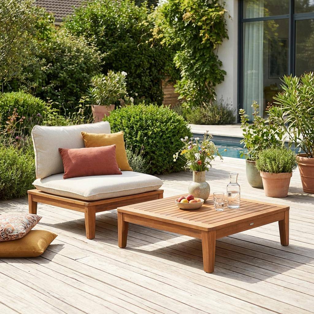 Tuinfauteuil met salontafel acaciahout en bouclé-effect beige - Yona,sweeek,Photo1