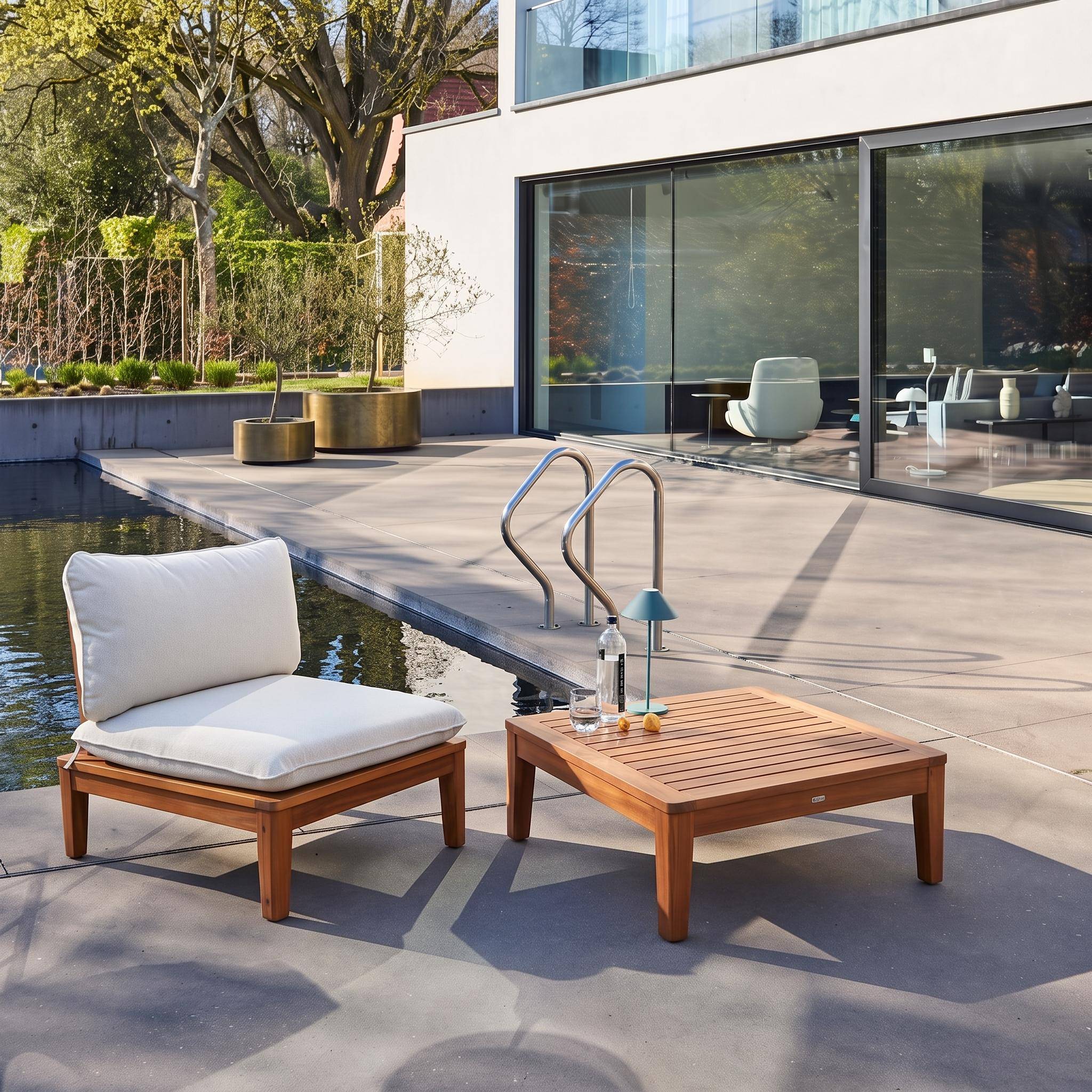 Tuinfauteuil met salontafel acaciahout en bouclé-effect beige - Yona Photo1