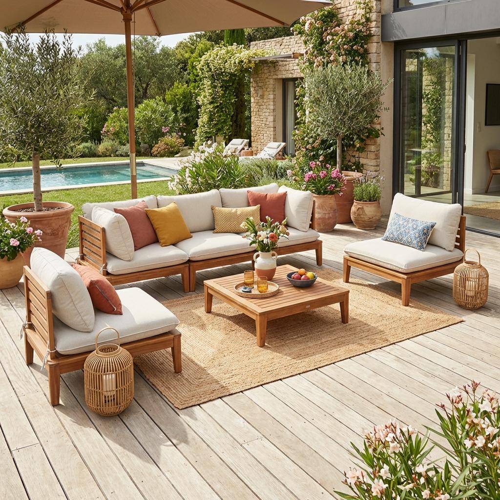 Salotto da giardino in legno di acacia e bouclé, 5 posti Beige - 80x80x66 cm,sweeek,Photo1