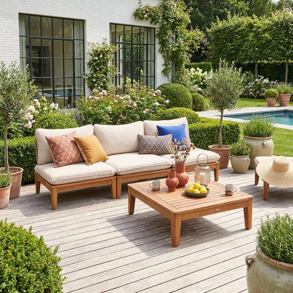 Salón de jardín modular de madera de acacia de 3 plazas Beige - 80x80x66 cm Photo1