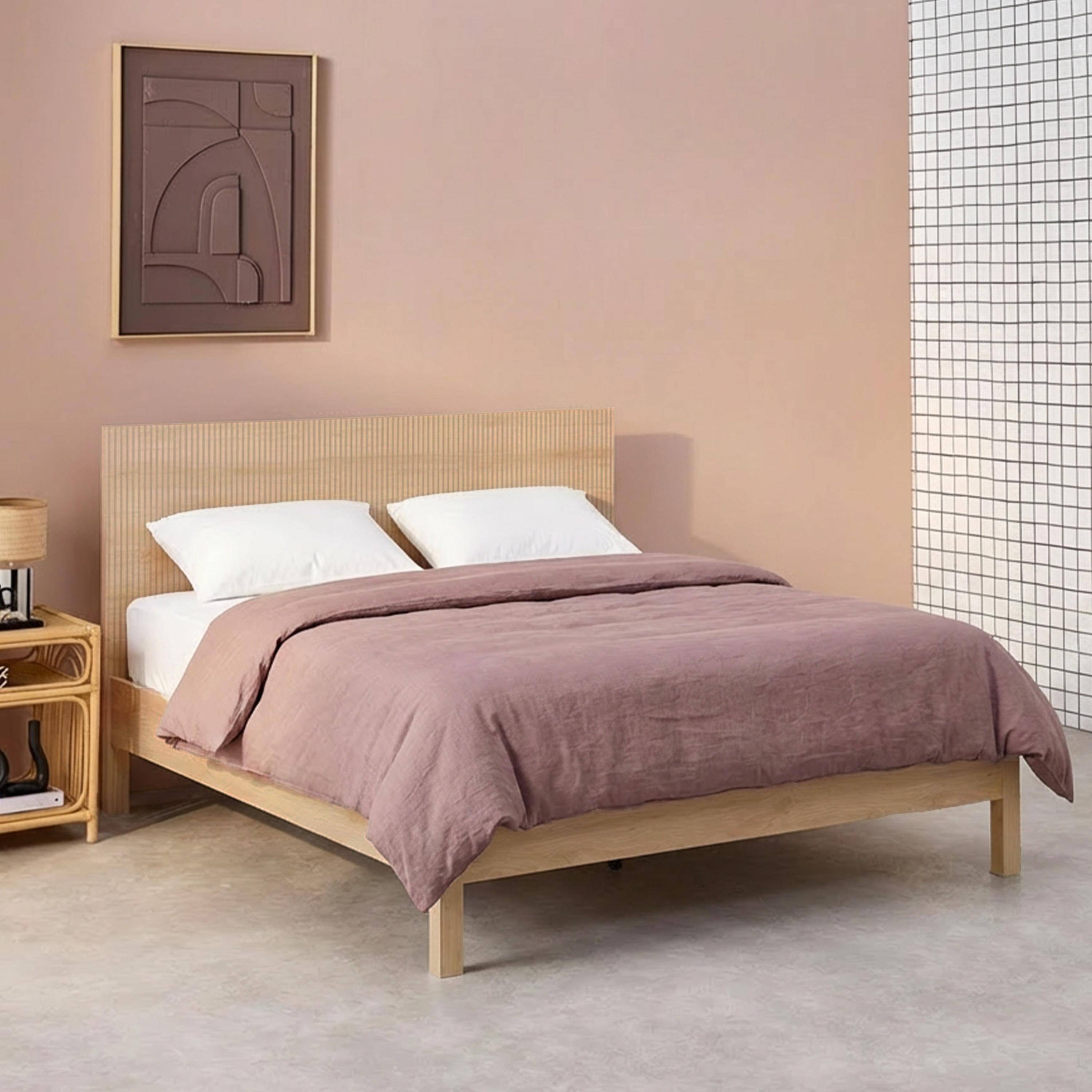 Lit avec sommier à lattes et tête de lit 140x190cm décor bois naturel - Linear Photo1