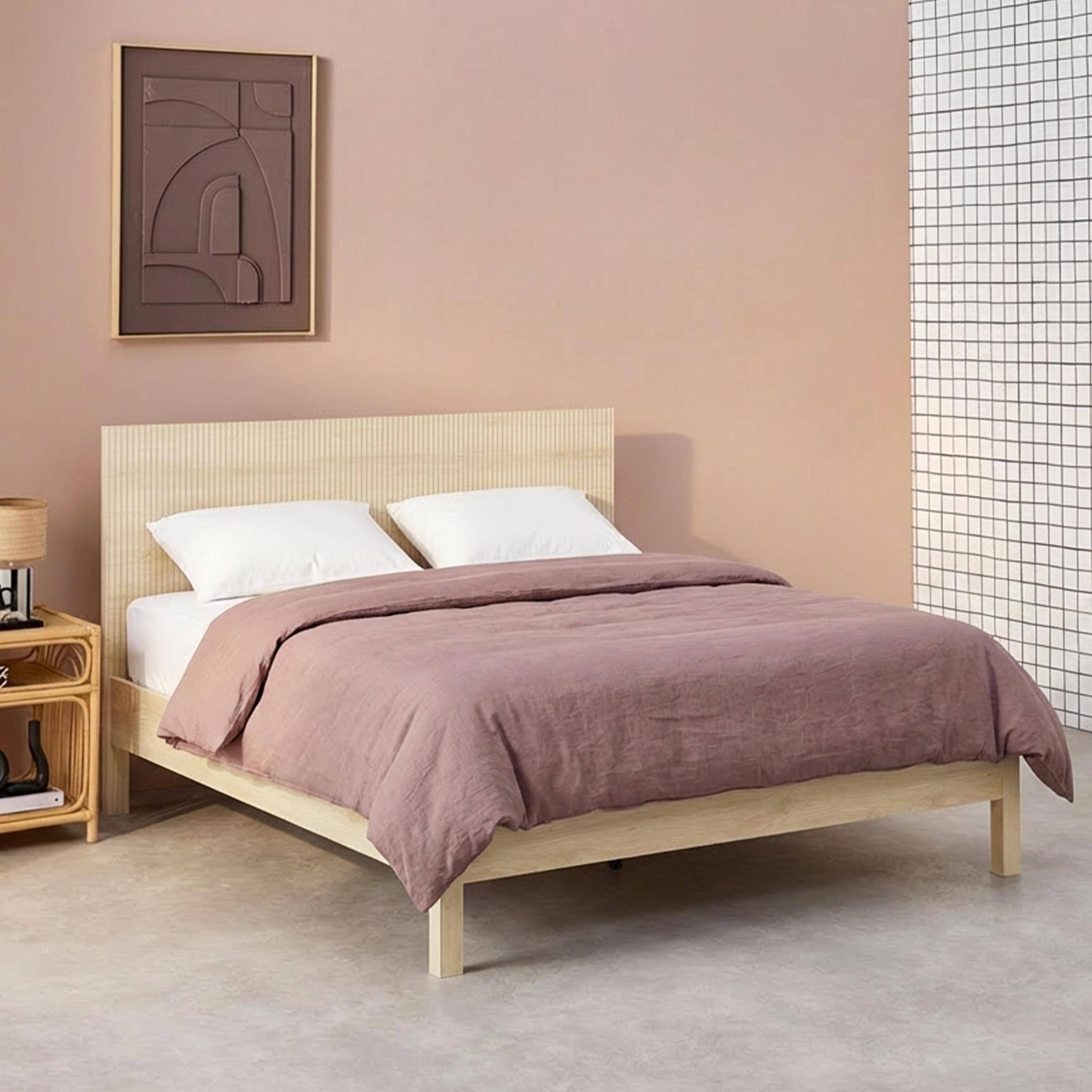 Cama con somier de láminas y cabecero 140x190cm decoración madera Natural - 198x146x100 cm,sweeek,Photo1