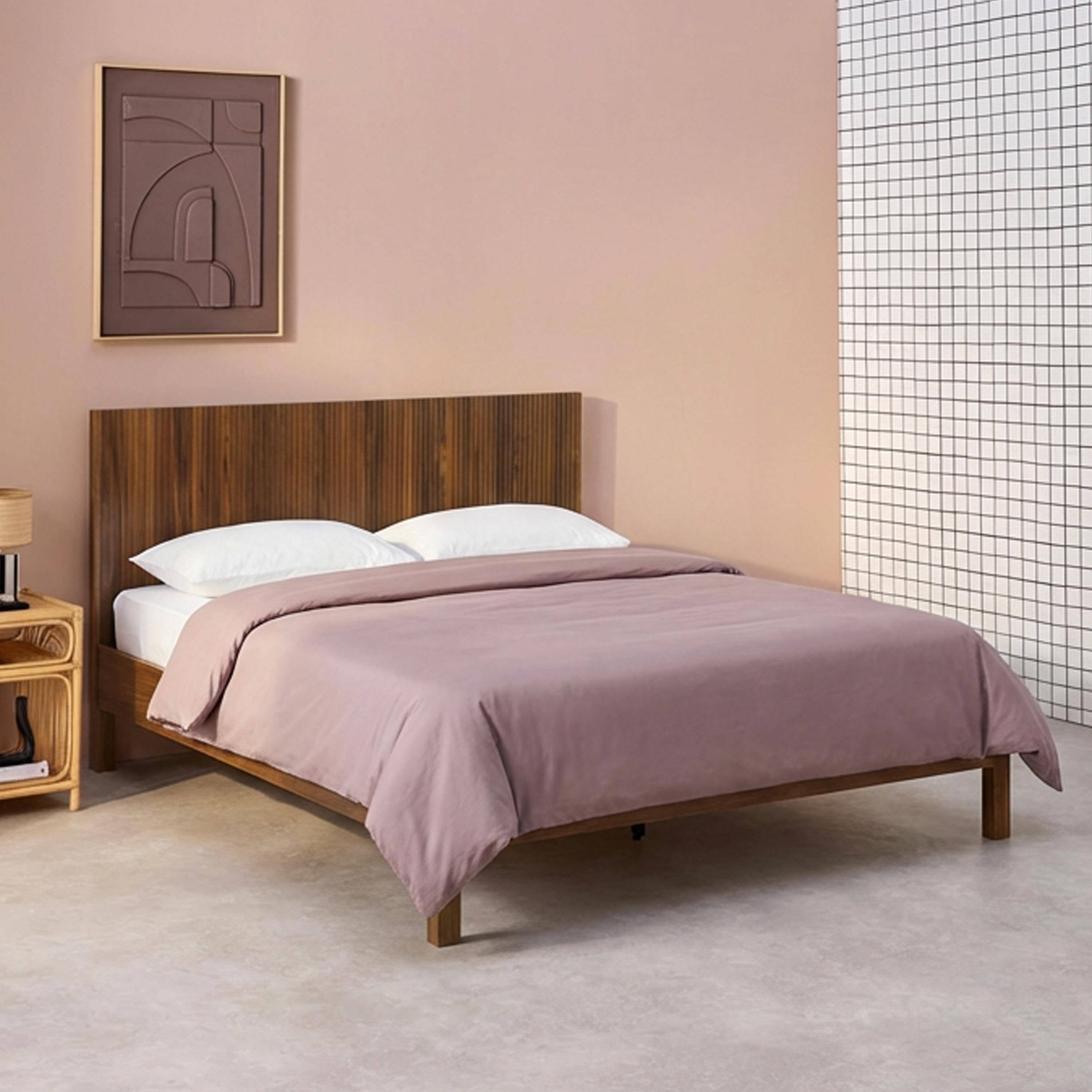 Cama con somier de láminas y cabecero 140x190cm decoración madera Nogal - 198x146x100 cm,sweeek,Photo1