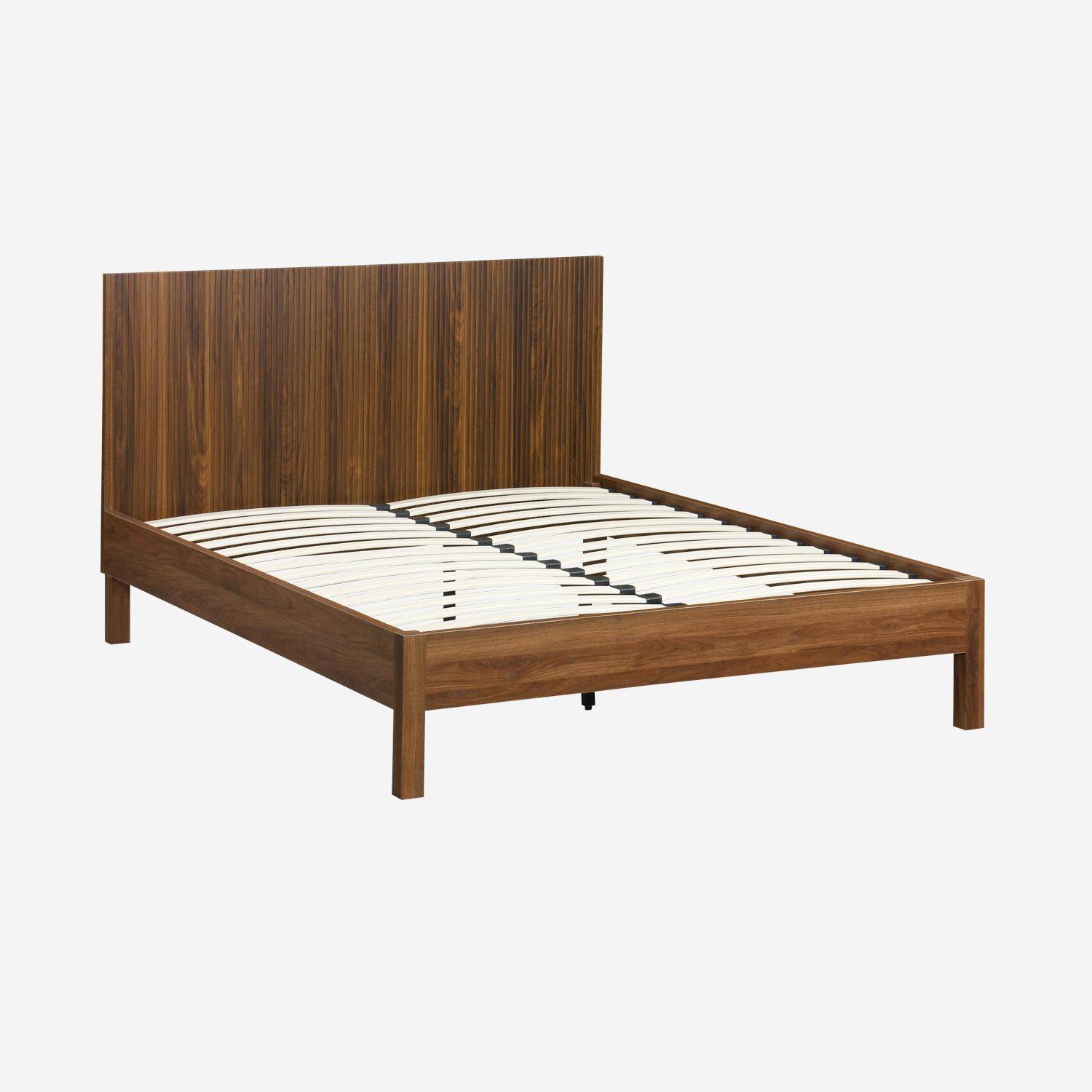 Cama con somier de láminas y cabecero 140x190cm decoración madera Nogal - 198x146x100 cm,sweeek,Photo2