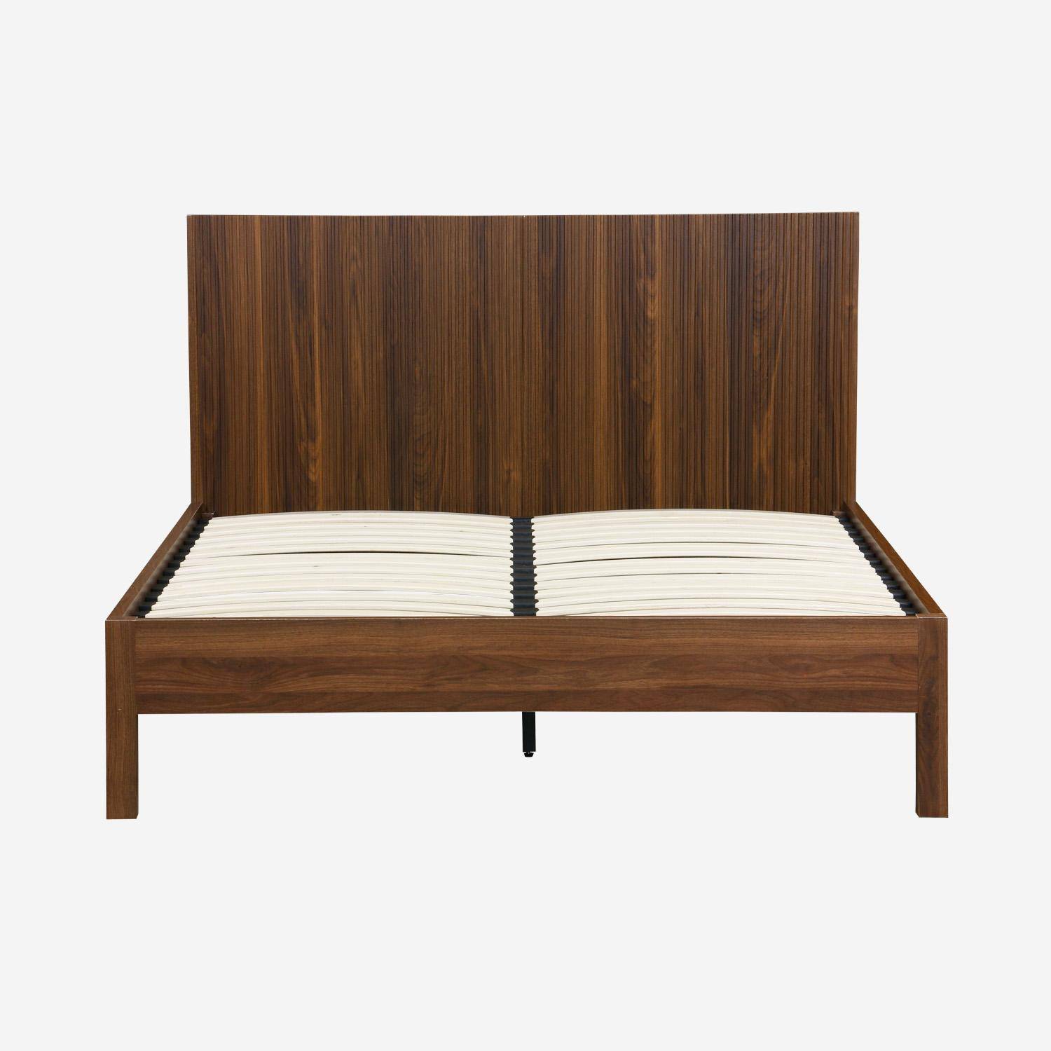 Lit avec sommier à lattes et tête de lit 140x190cm décor bois noyer - Linear Photo2