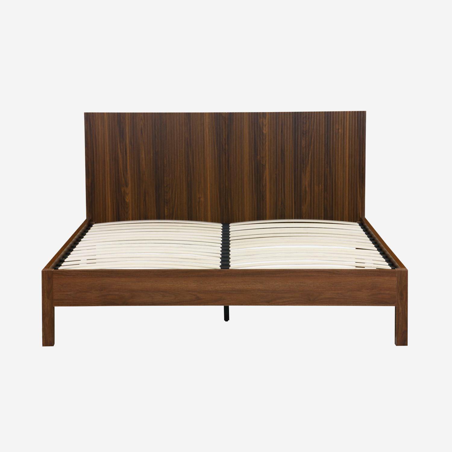 Lit avec sommier à lattes et tête de lit 160x200cm décor bois noyer - Linear Photo2