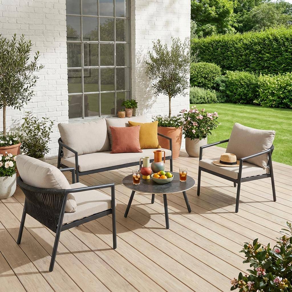 Salotto da giardino in alluminio e corde, 4 posti Grigio - 145x77x69 cm Photo1