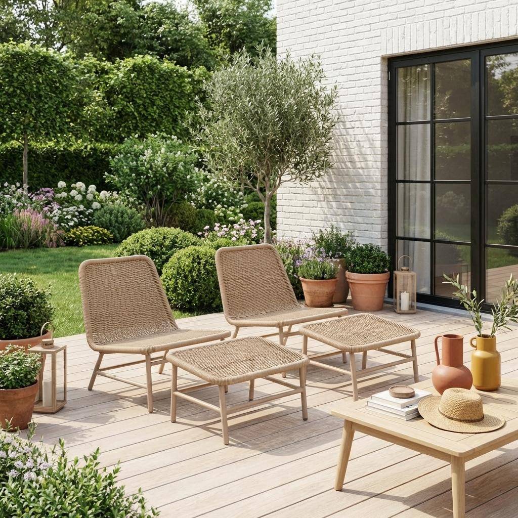 Sillón relax y reposapiés de aluminio y cuerda, set de 2 Beige - 66x76x74 cm,sweeek,Photo1