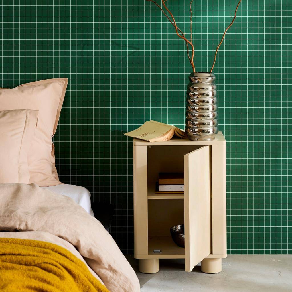 Mesita de noche efecto madera de mango con 1 puerta reversible, Pondi, Beige, 40x30x57 cm Photo2