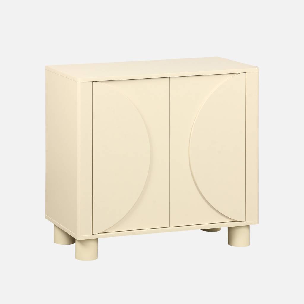 Mesita de noche efecto madera de mango con 1 puerta reversible, Beige