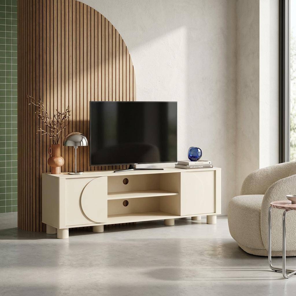 Móvel de TV exótico efeito madeira de mangueira 2 portas reversíveis, 155cm Beige - 40x30x57 cm Photo1