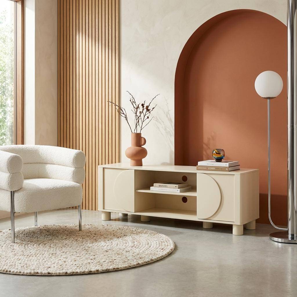 TV unit with 2 reversible doors wood decor beige 155x40x52 cm - Pondi Photo1