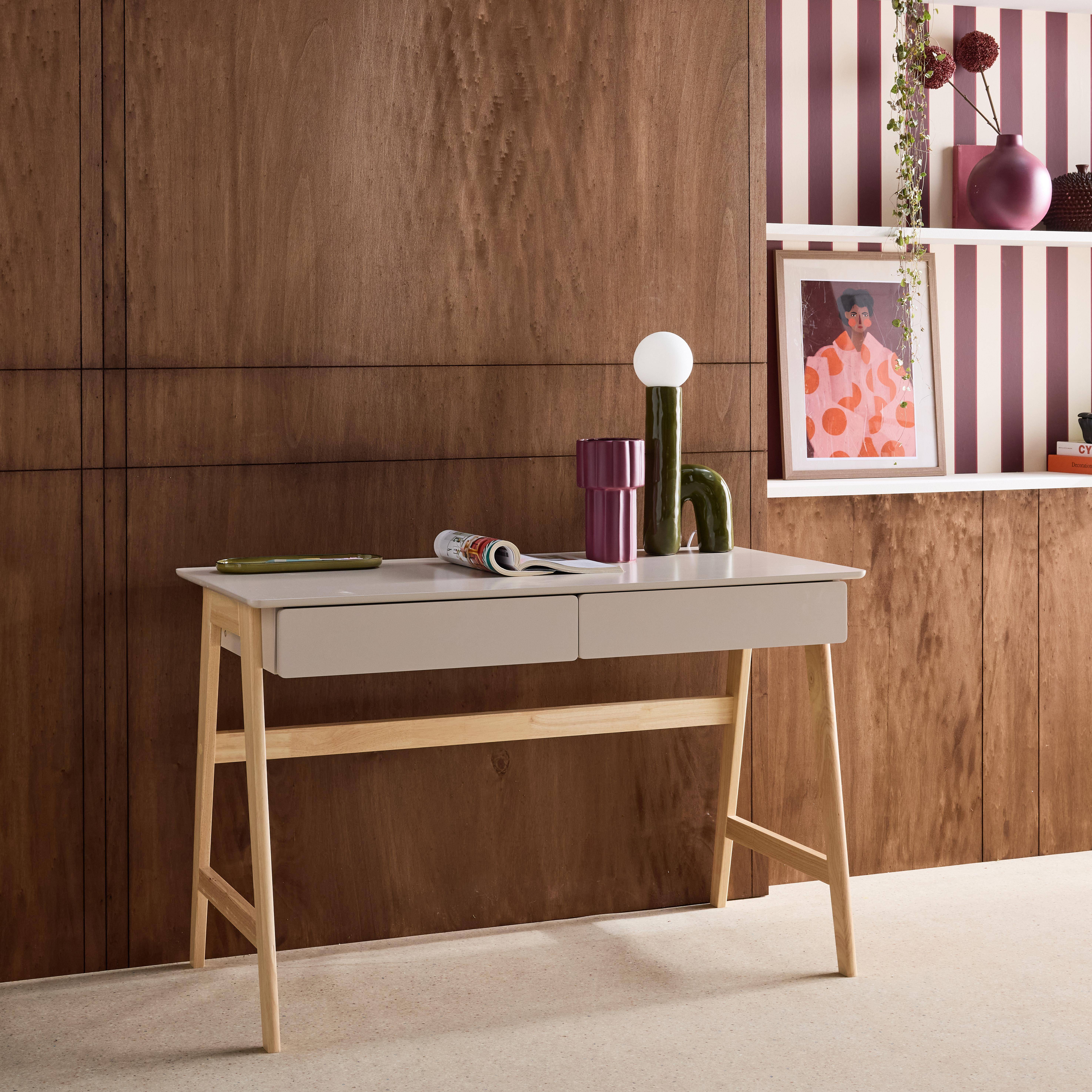 Biurko dekoracyjne z drewna, nogi z drewna kauczukowego, 2 szuflady, naturalne - Tommy Photo2