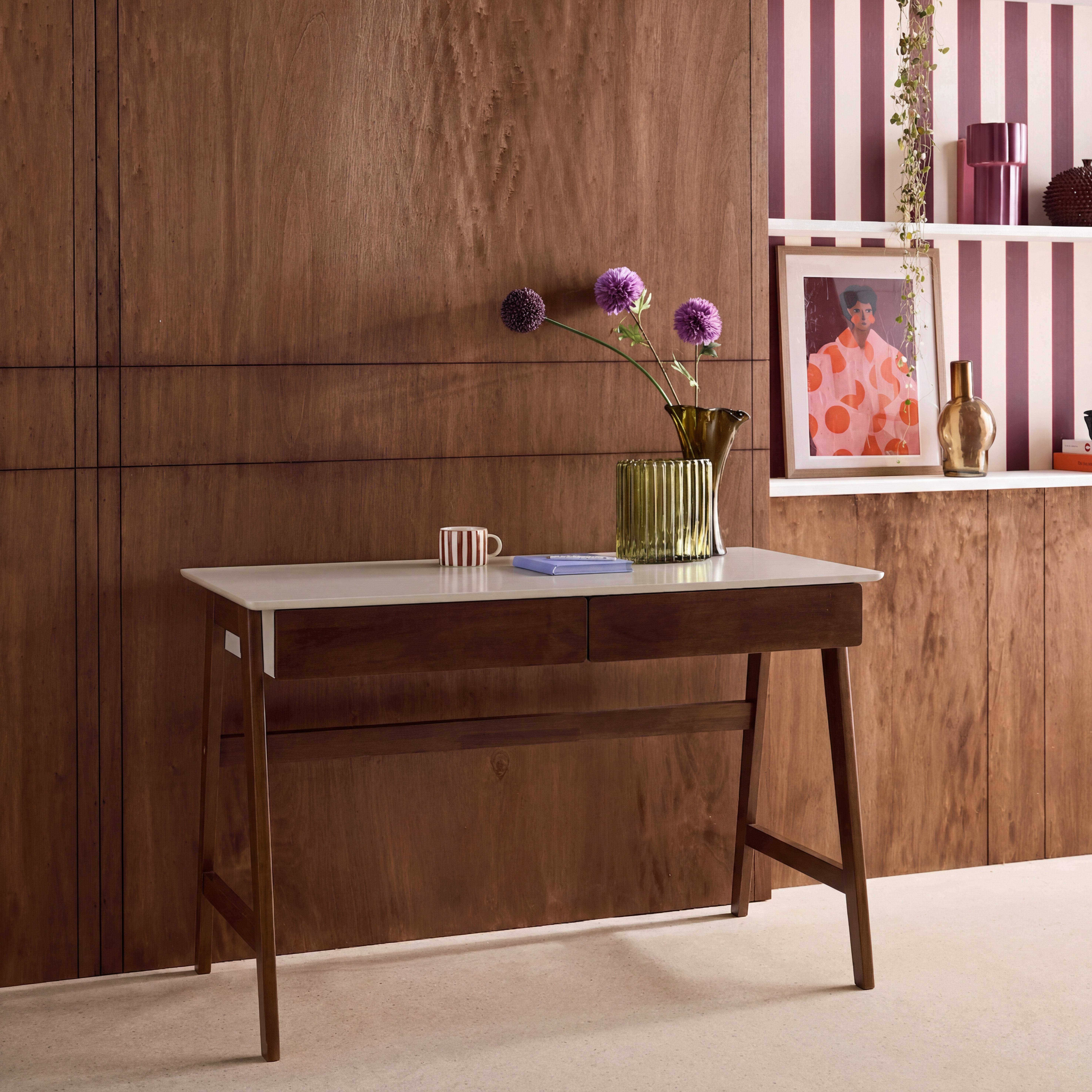 Schreibtisch Holzdekor mit Hevea-Holzgestell, 2 Schubladen, nussbaumfarben - Tommy,sweeek,Photo2