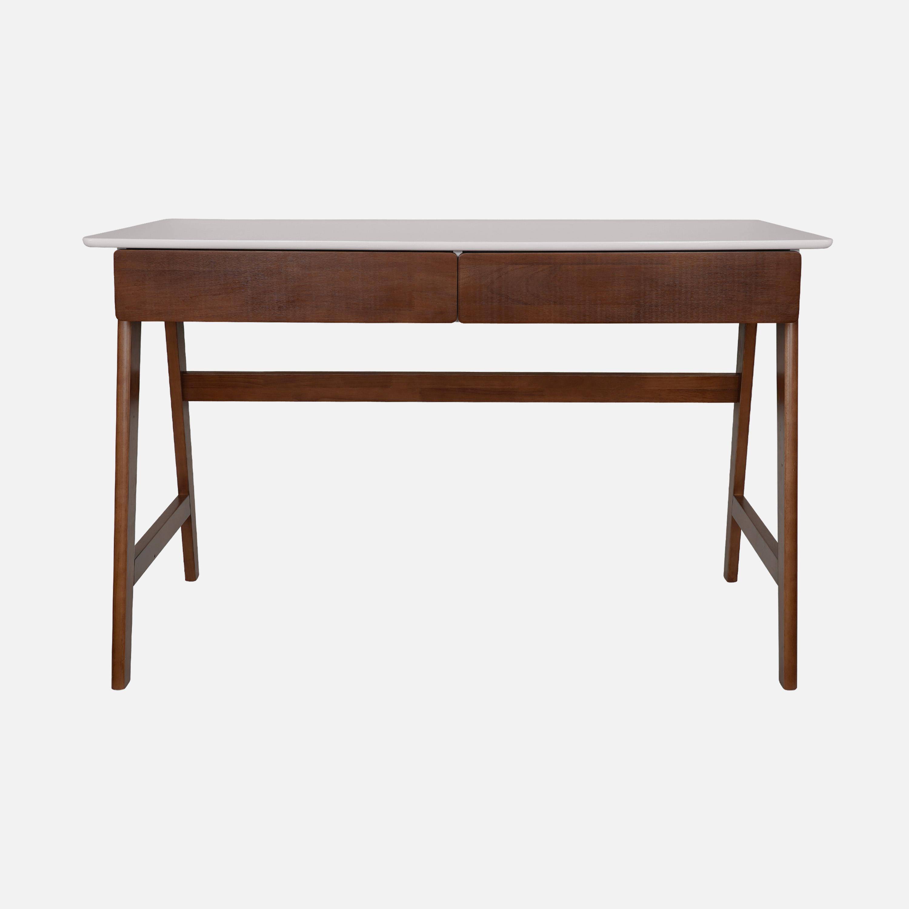 Bureau décor bois piétement bois d'hévéa 2 tiroirs noyer - Tommy Photo2