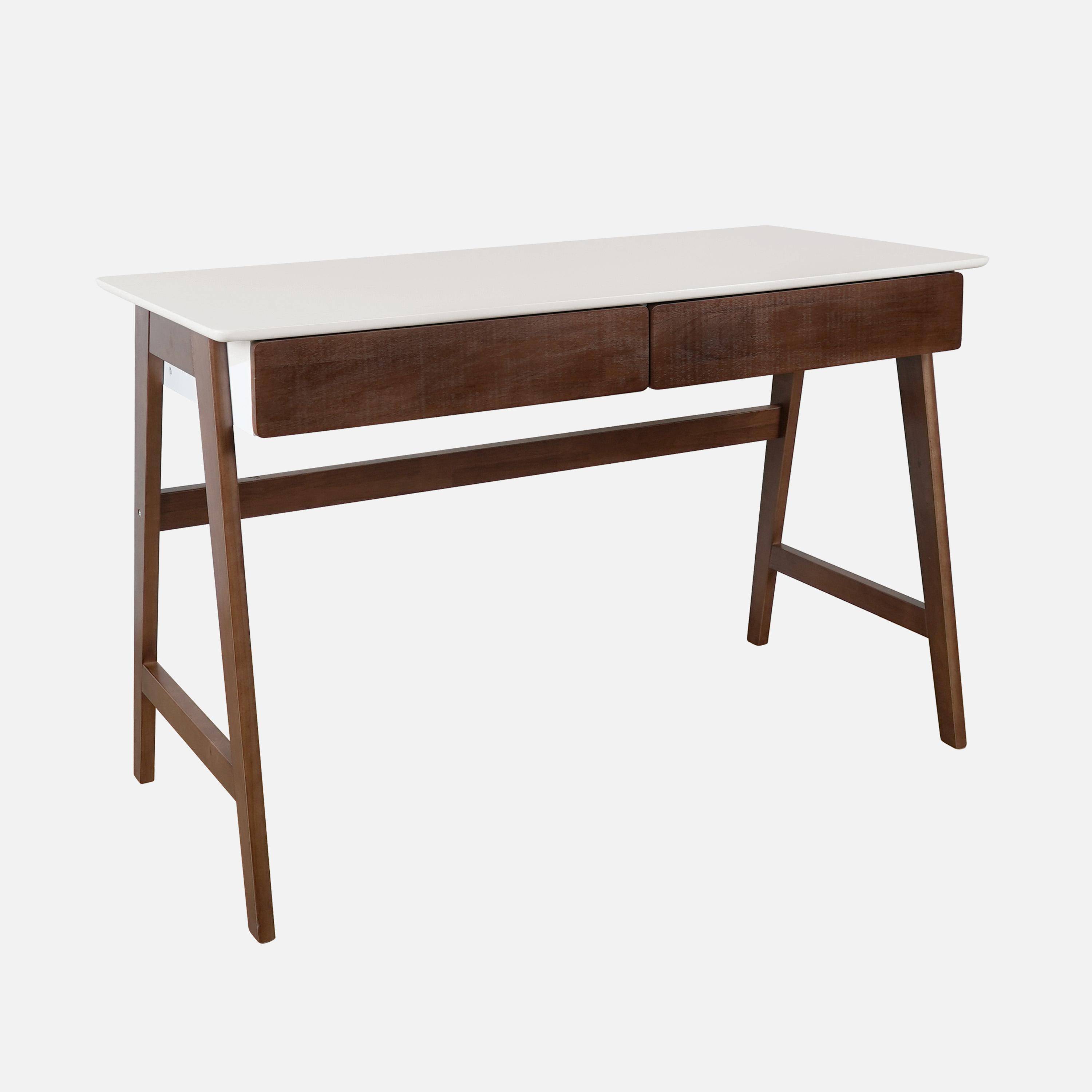 Bureau décor bois piétement bois d'hévéa 2 tiroirs noyer - Tommy Photo1