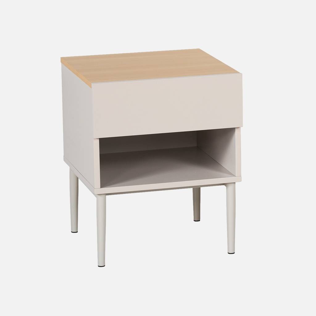 Table de chevet métal et décor bois beige et naturel