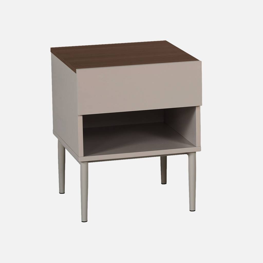 Table de chevet métal et décor bois gris et noyer