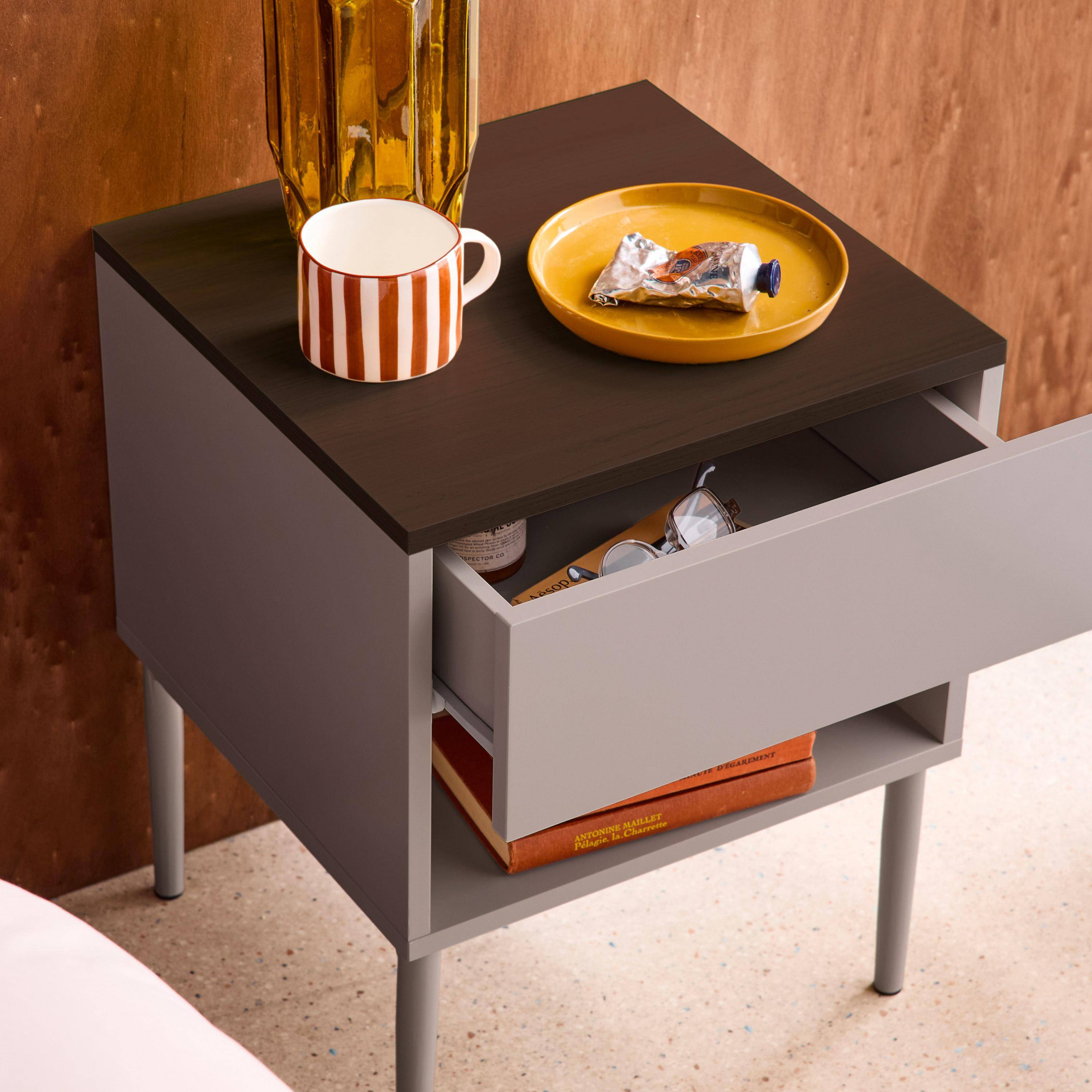 Bedside table metal with wood decor 1 door 1 niche grey and walnut - Ashton Photo3