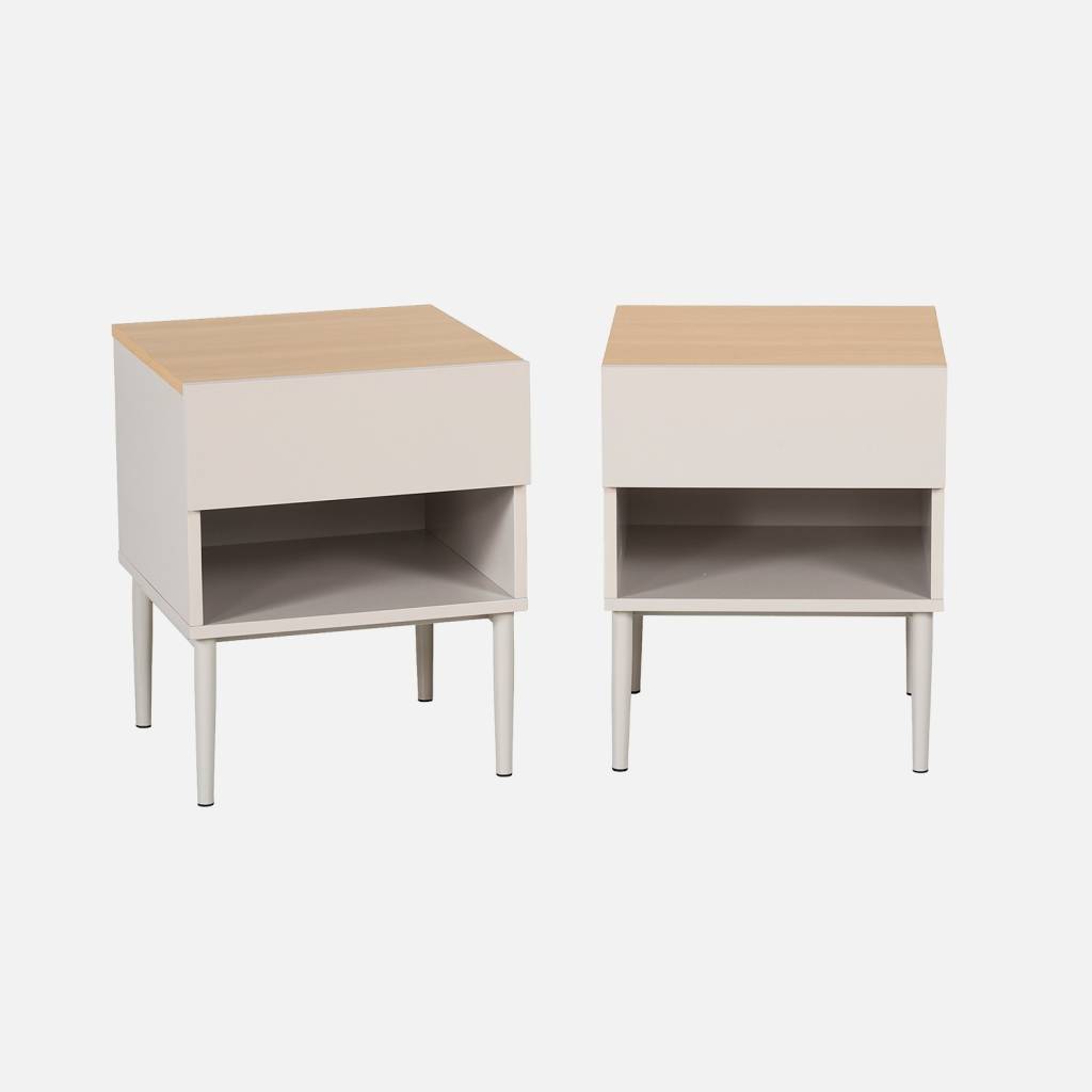 Lot de deux tables de chevet métal et décor bois beige et naturel