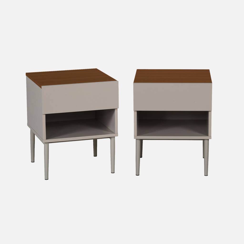 Nachtkastjes met lade en nisje metaal en houtdecor (set van 2) walnoot en grijs