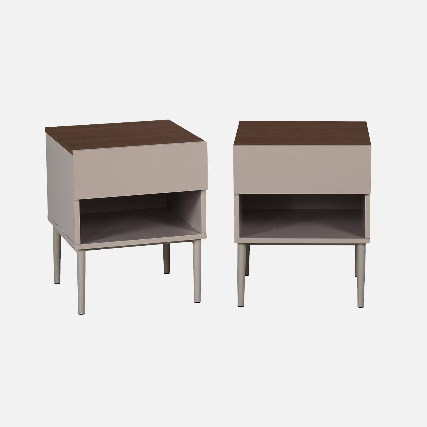 Lot de deux tables de chevet métal et décor bois 1 porte 1 niche gris et noyer - Ashton Photo1