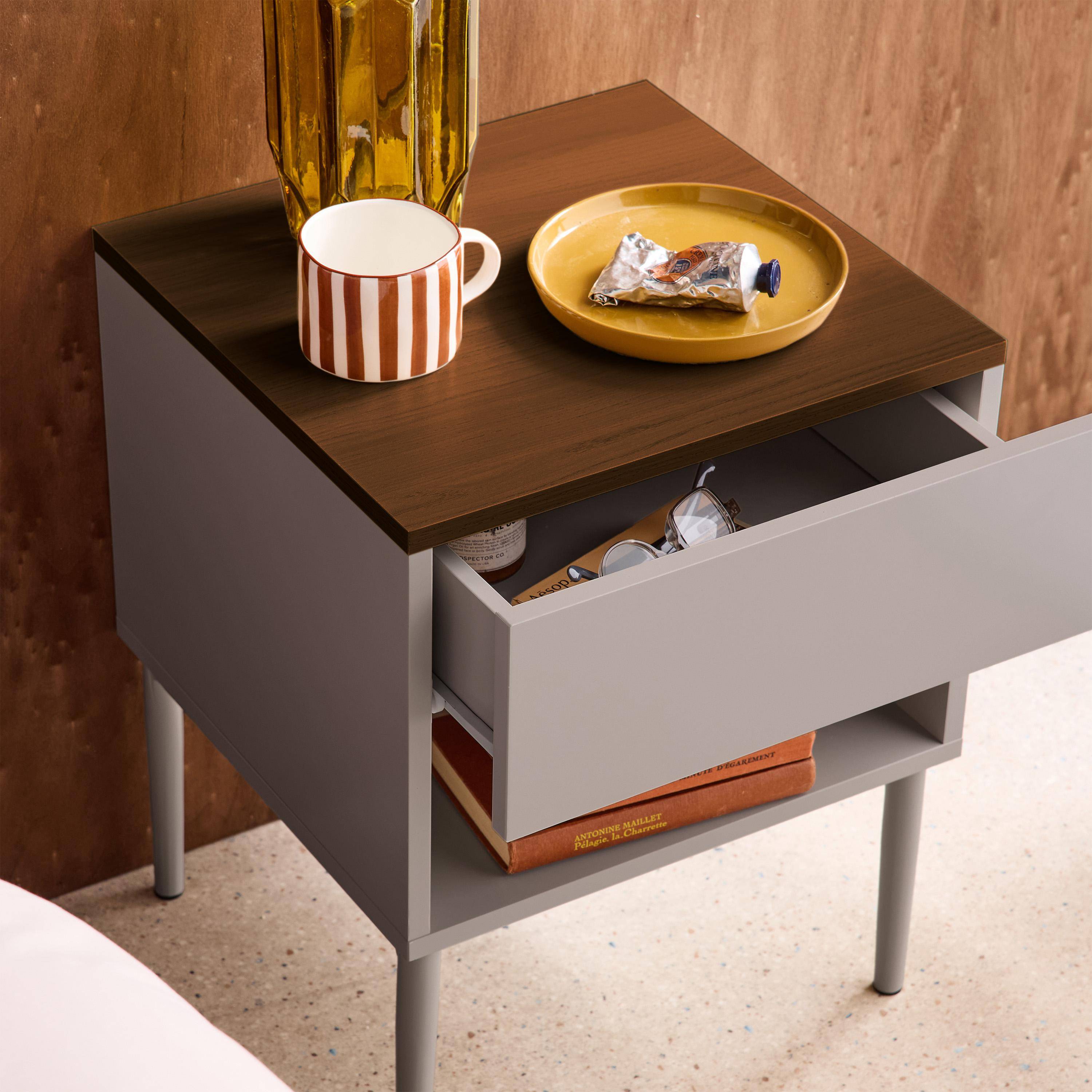 Set of 2 bedside tables metal and wood decor 1 door 1 niche grey and walnut - Ashton Photo3