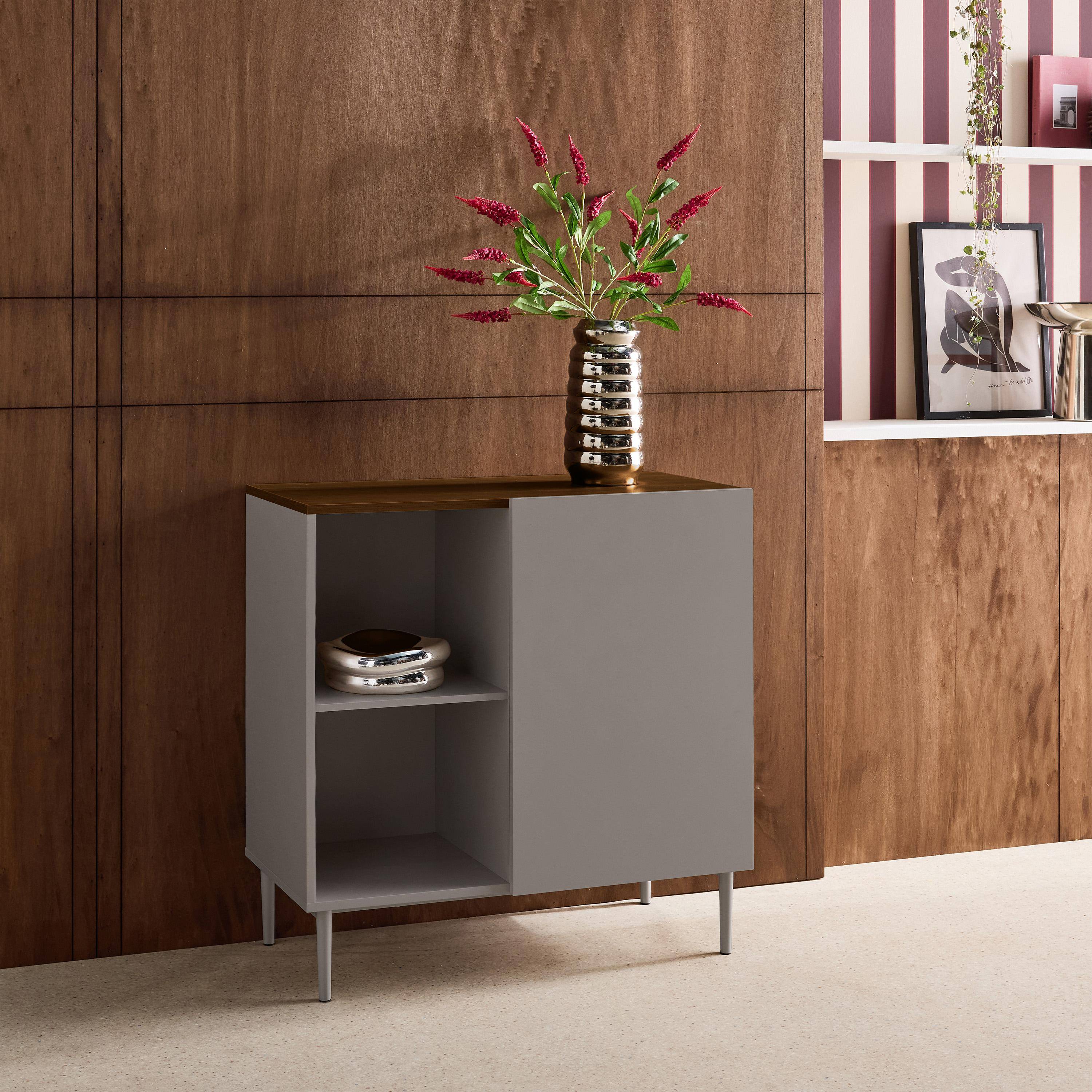 Sideboard storage unit metal with wood decor 1 door 80 cm grey and walnut - Ashton,sweeek,Photo3