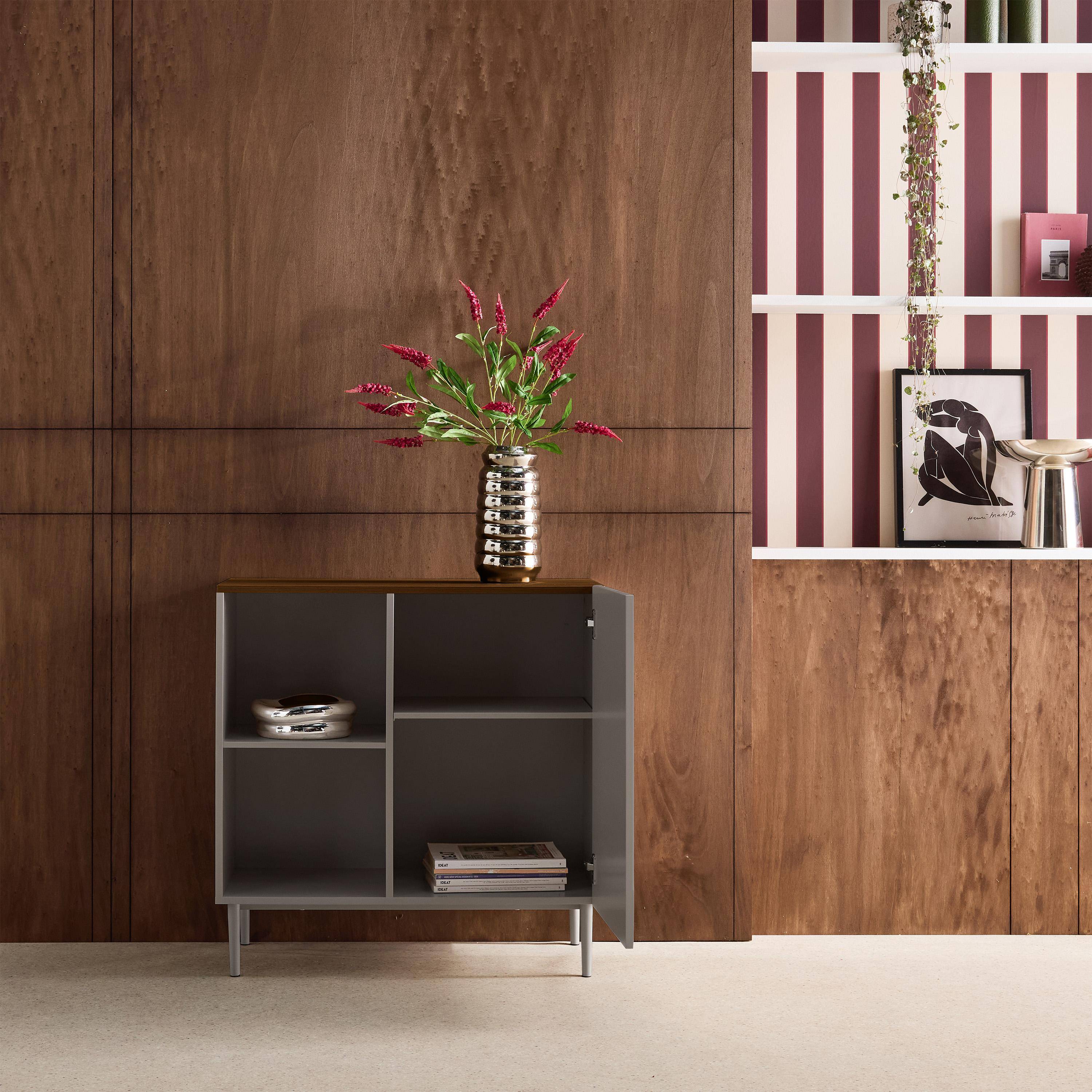 Sideboard storage unit metal with wood decor 1 door 80 cm grey and walnut - Ashton,sweeek,Photo2