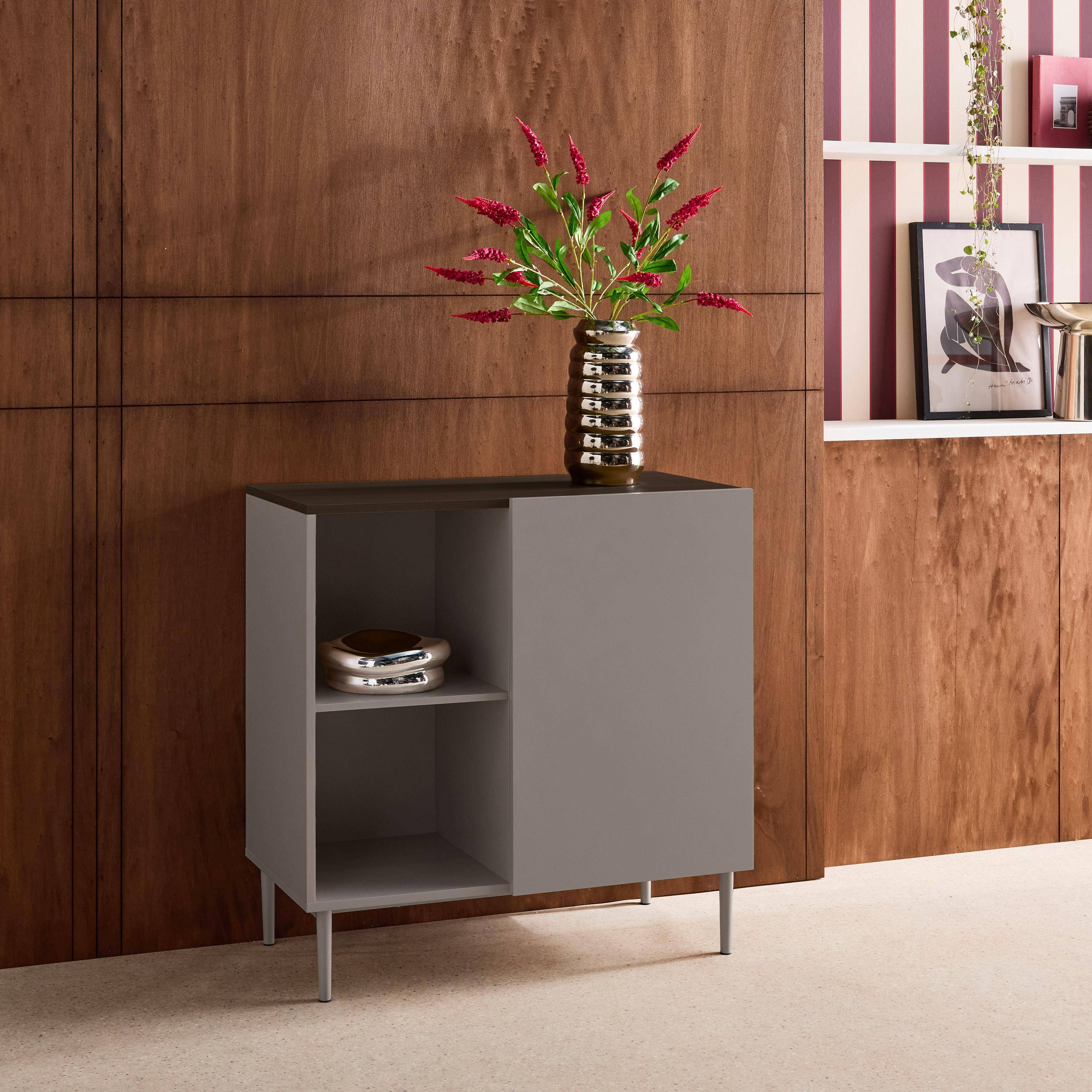 Sideboard storage unit metal with wood decor 1 door 80 cm grey and walnut - Ashton Photo3