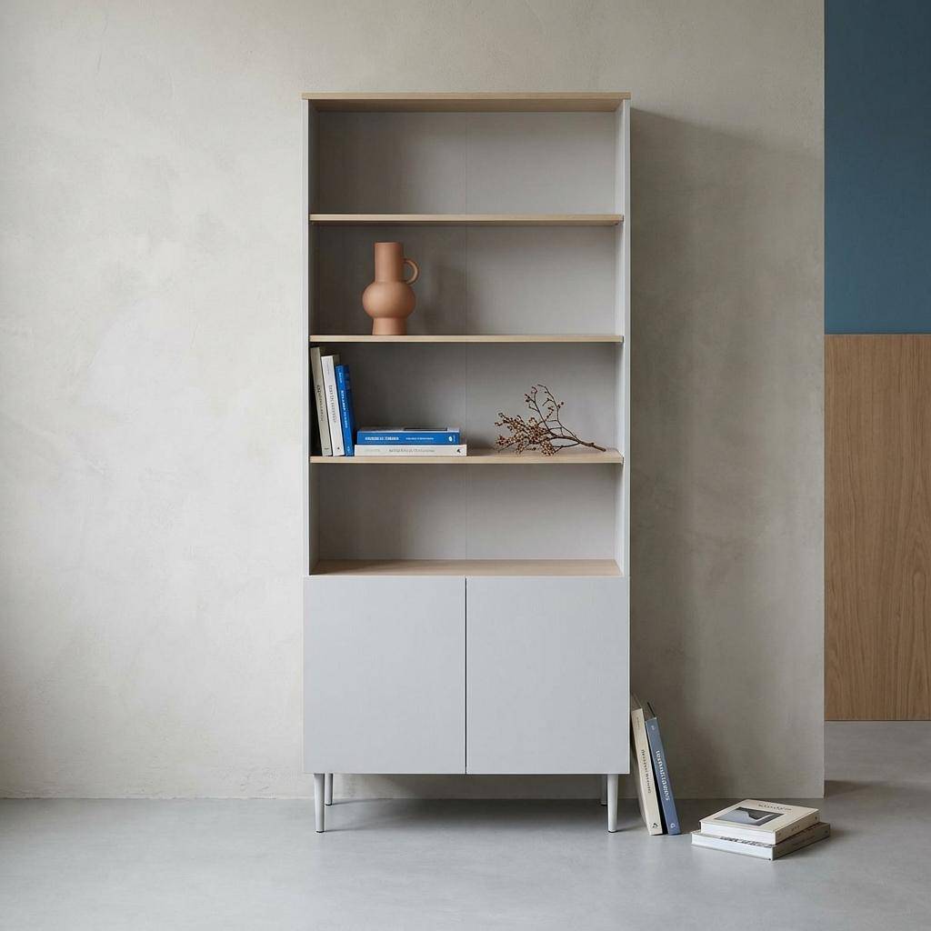 Shelving unit bookcase metal and wood decor 6 levels beige and natural  - Ashton Photo1